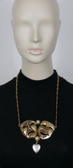 MOSCHINO Vintage Gold Tone Comedy Tragedy Mask Necklace