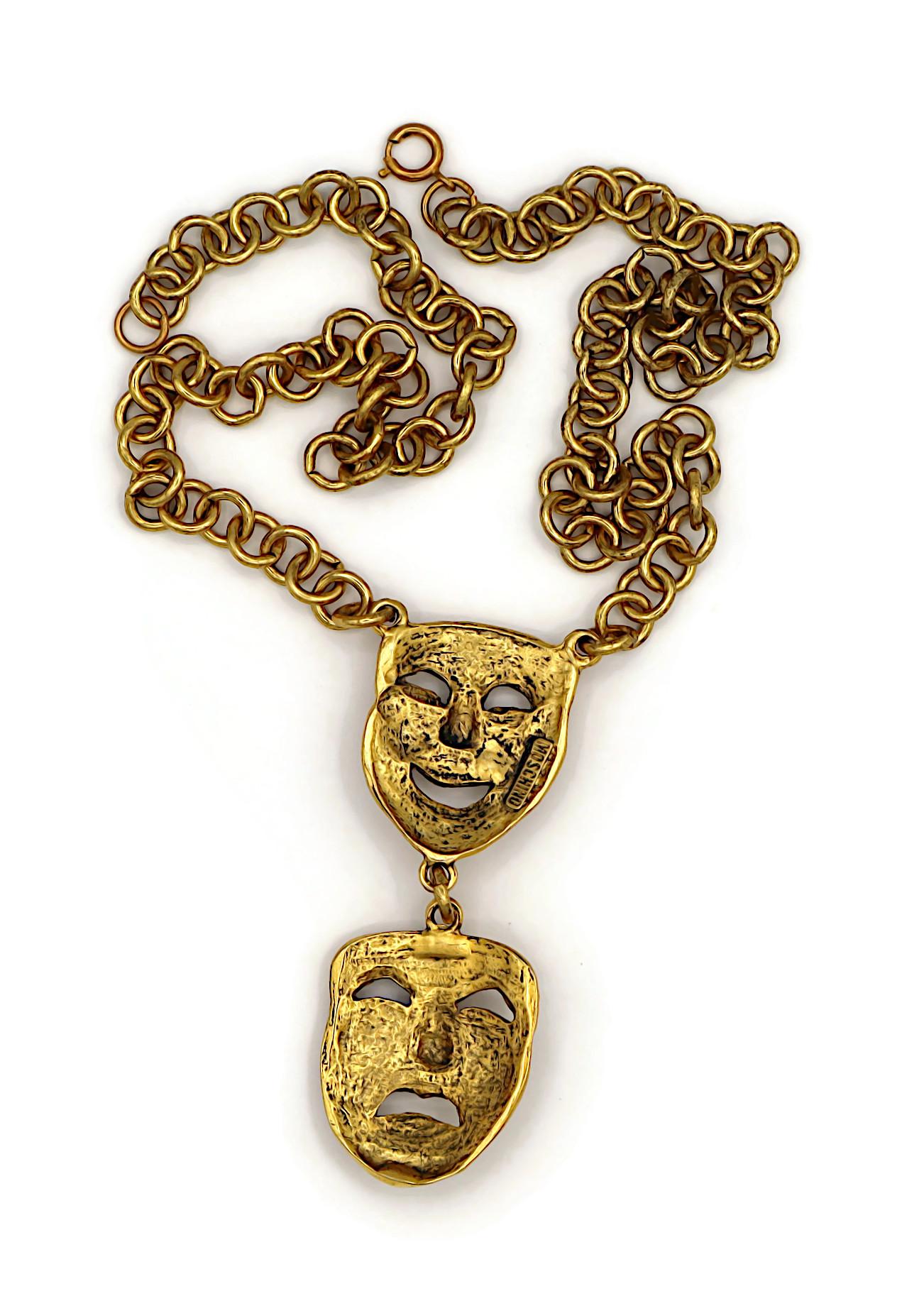 MOSCHINO Vintage Gold Tone Comedy Tragedy Mask Pendant Necklace For Sale 8
