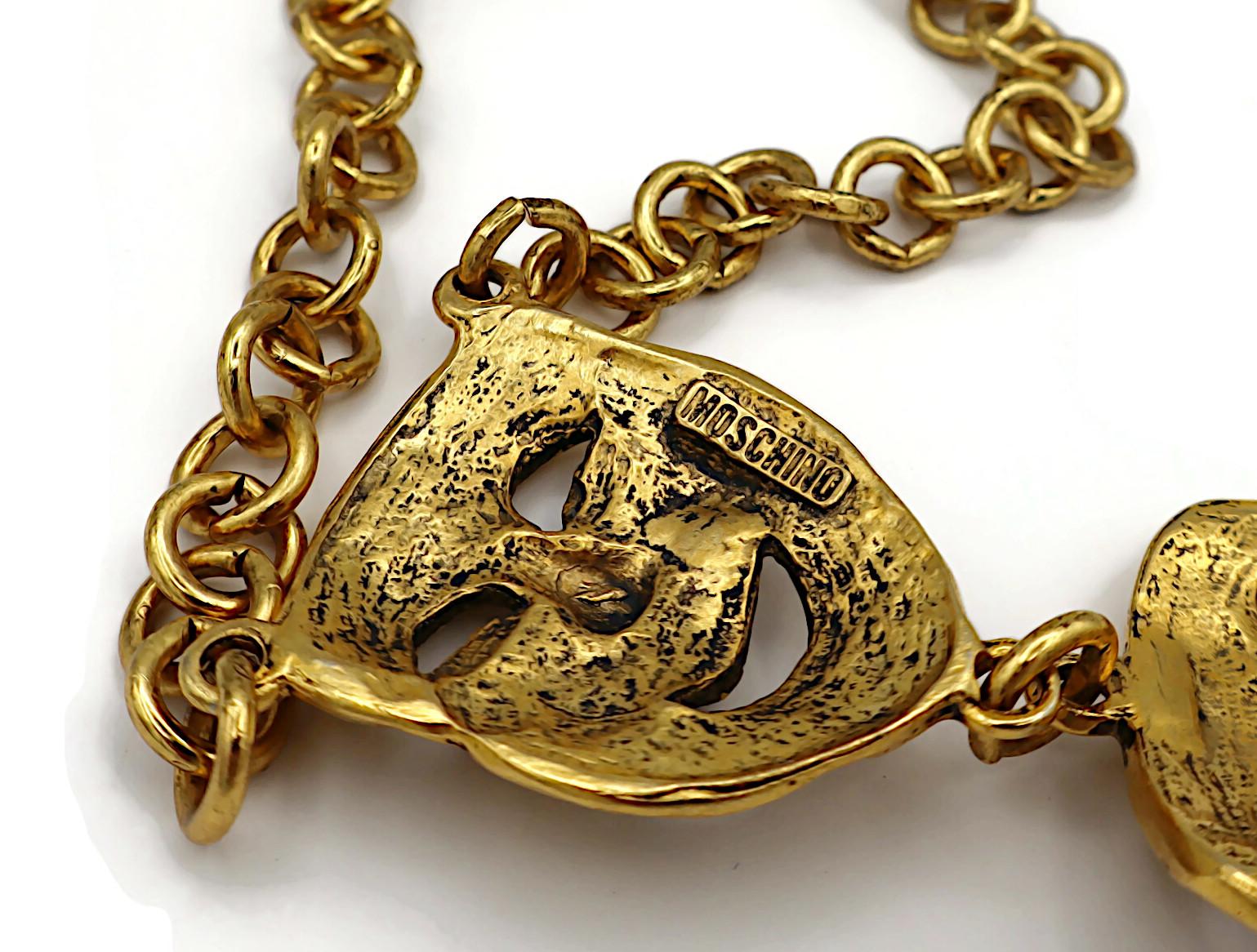 MOSCHINO Vintage Gold Tone Comedy Tragedy Mask Pendant Necklace For Sale 9