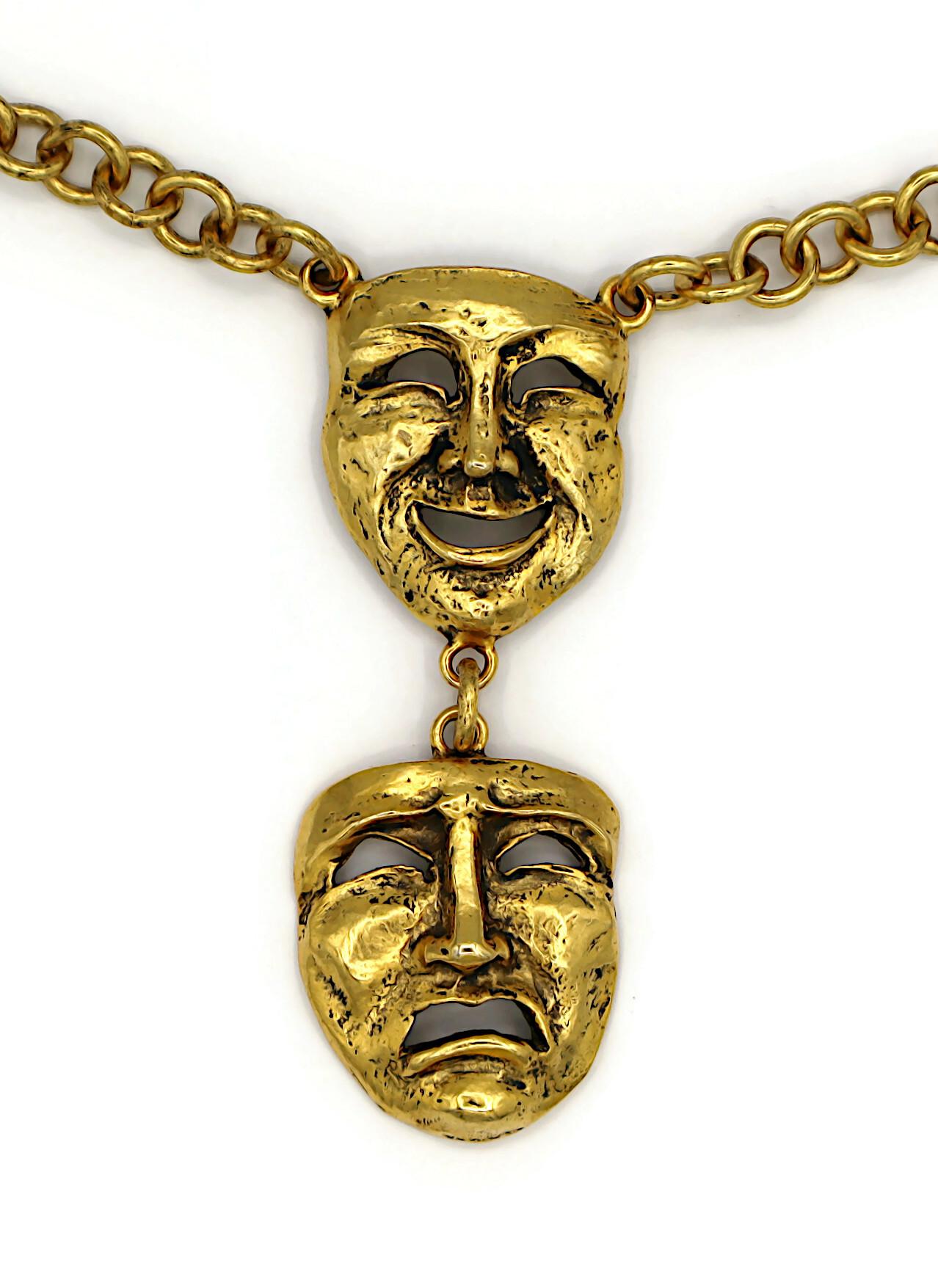 MOSCHINO Vintage Gold Tone Comedy Tragedy Mask Pendant Necklace For Sale 2