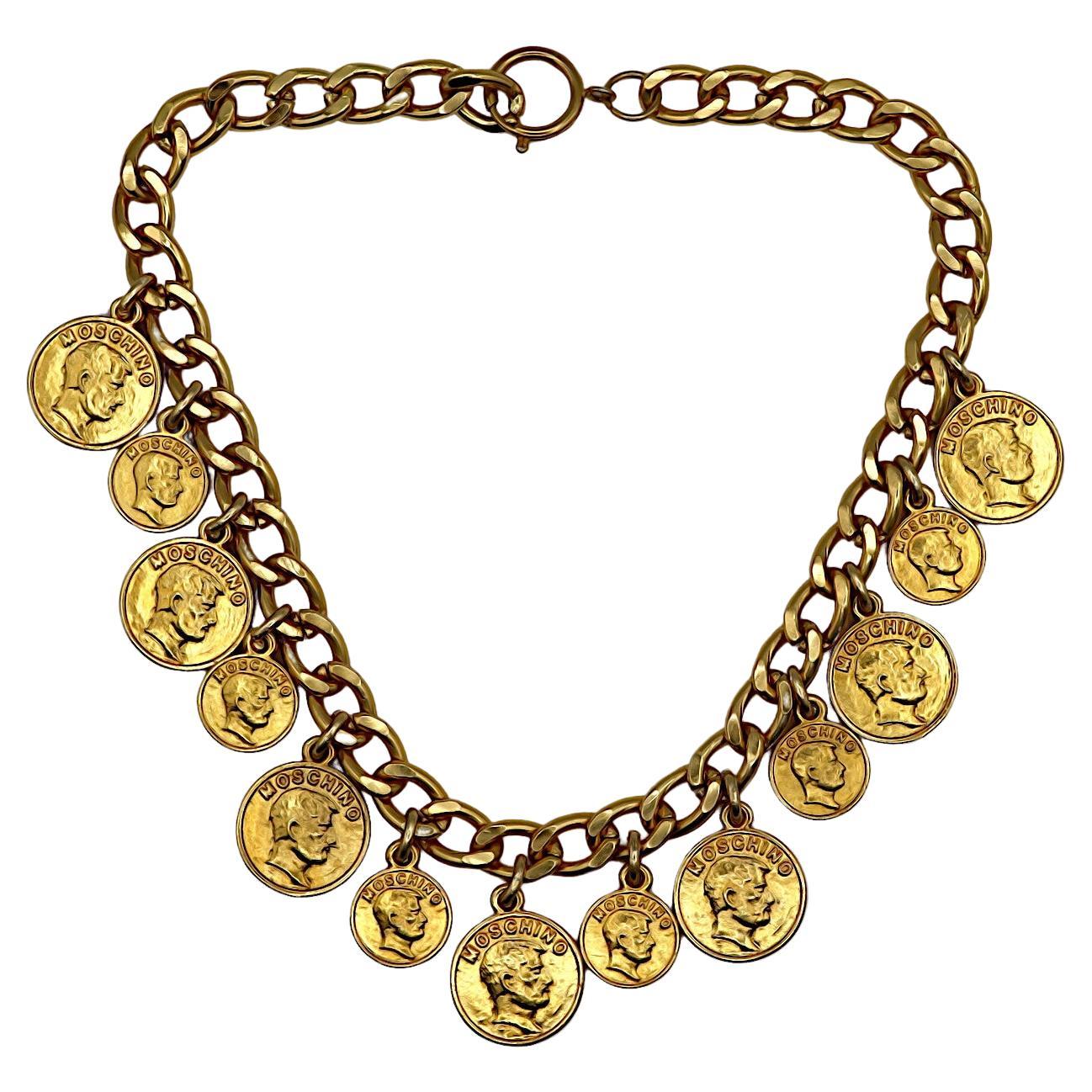 MOSCHINO Vintage Gold Tone Franco Moschino Profile Coin Charm Necklace For Sale