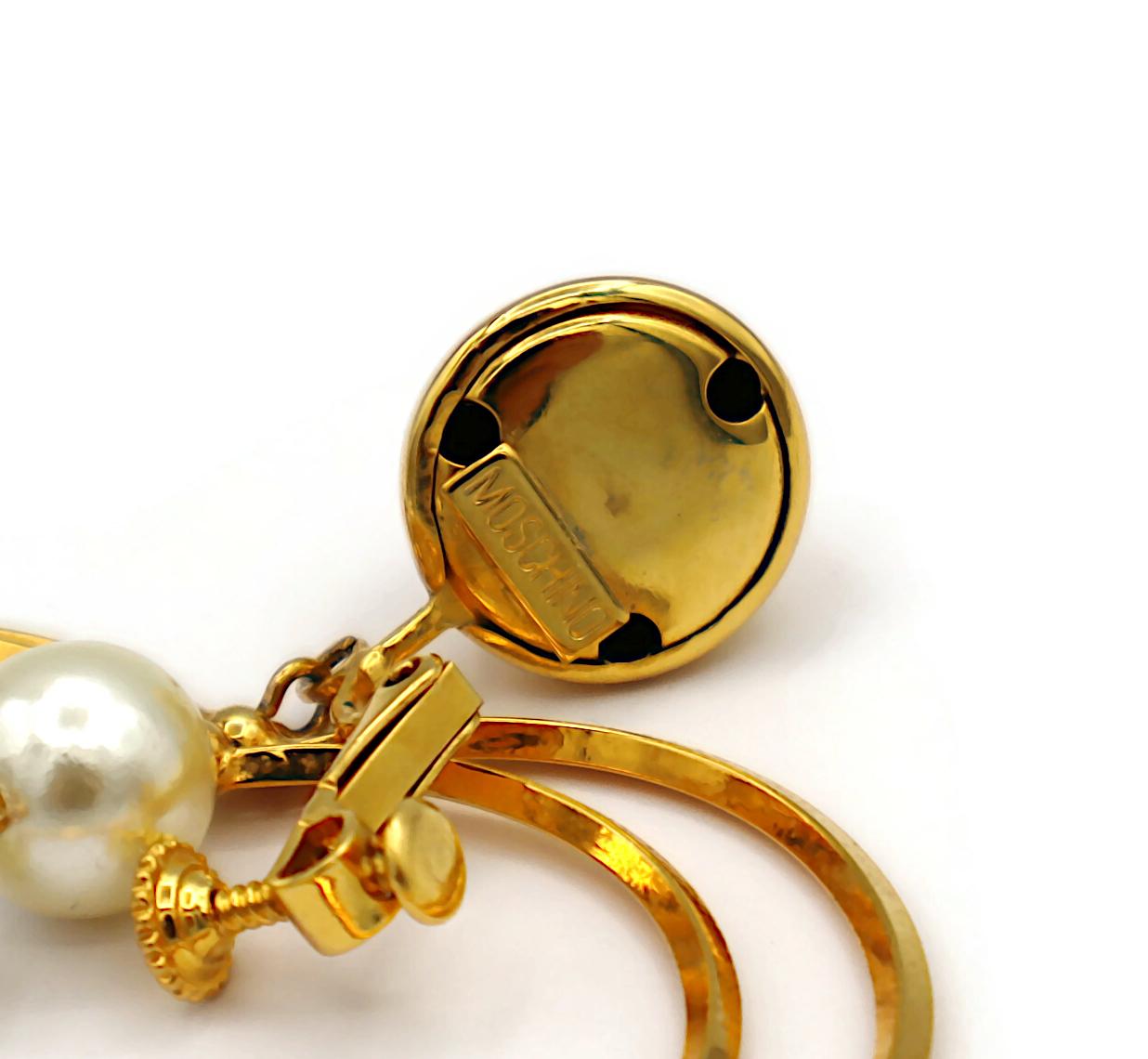 MOSCHINO Vintage Gold Tone Heart & Pearl Dangle Earrings For Sale 3