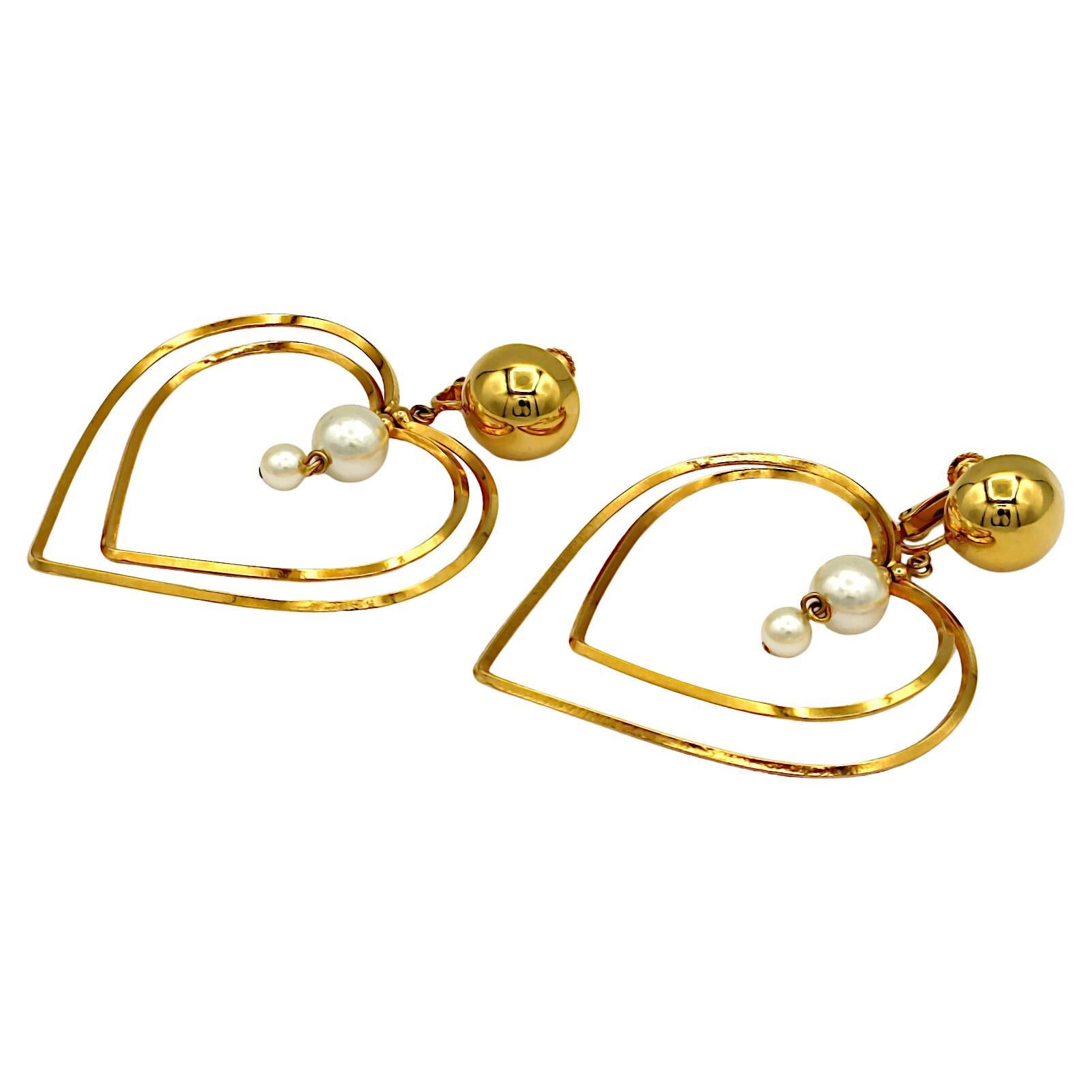 MOSCHINO Vintage Gold Tone Heart & Pearl Dangle Earrings
