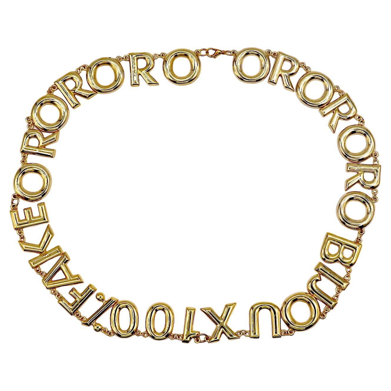 MOSCHINO Vintage Gold Tone "Oro Bijoux 100% Fake" Necklace For Sale