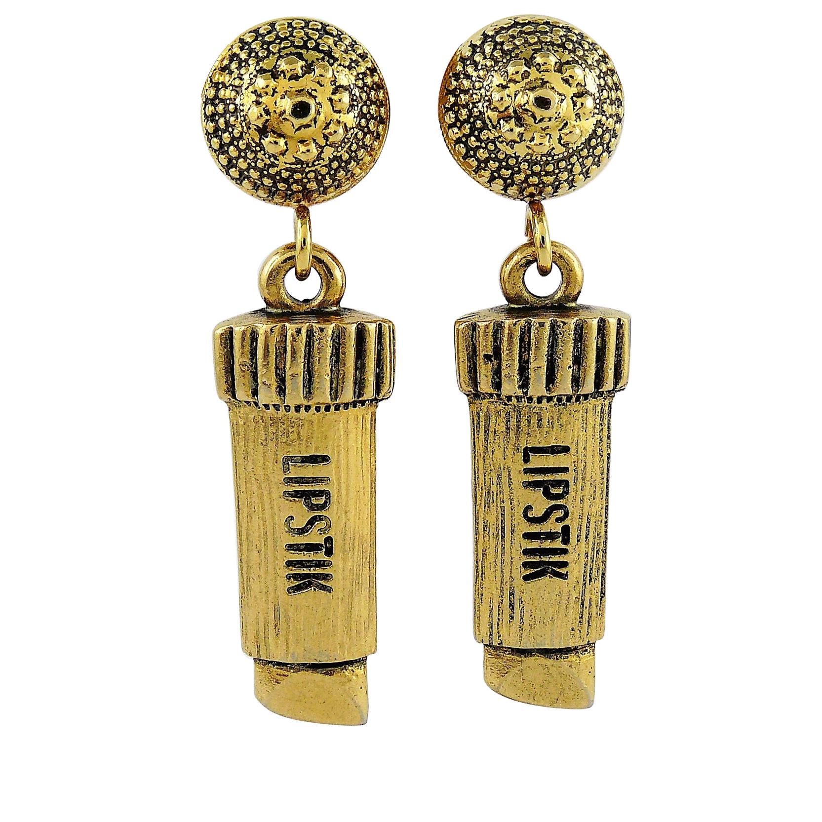 Moschino Vintage Gold Toned Lipstick Dangling Earrings