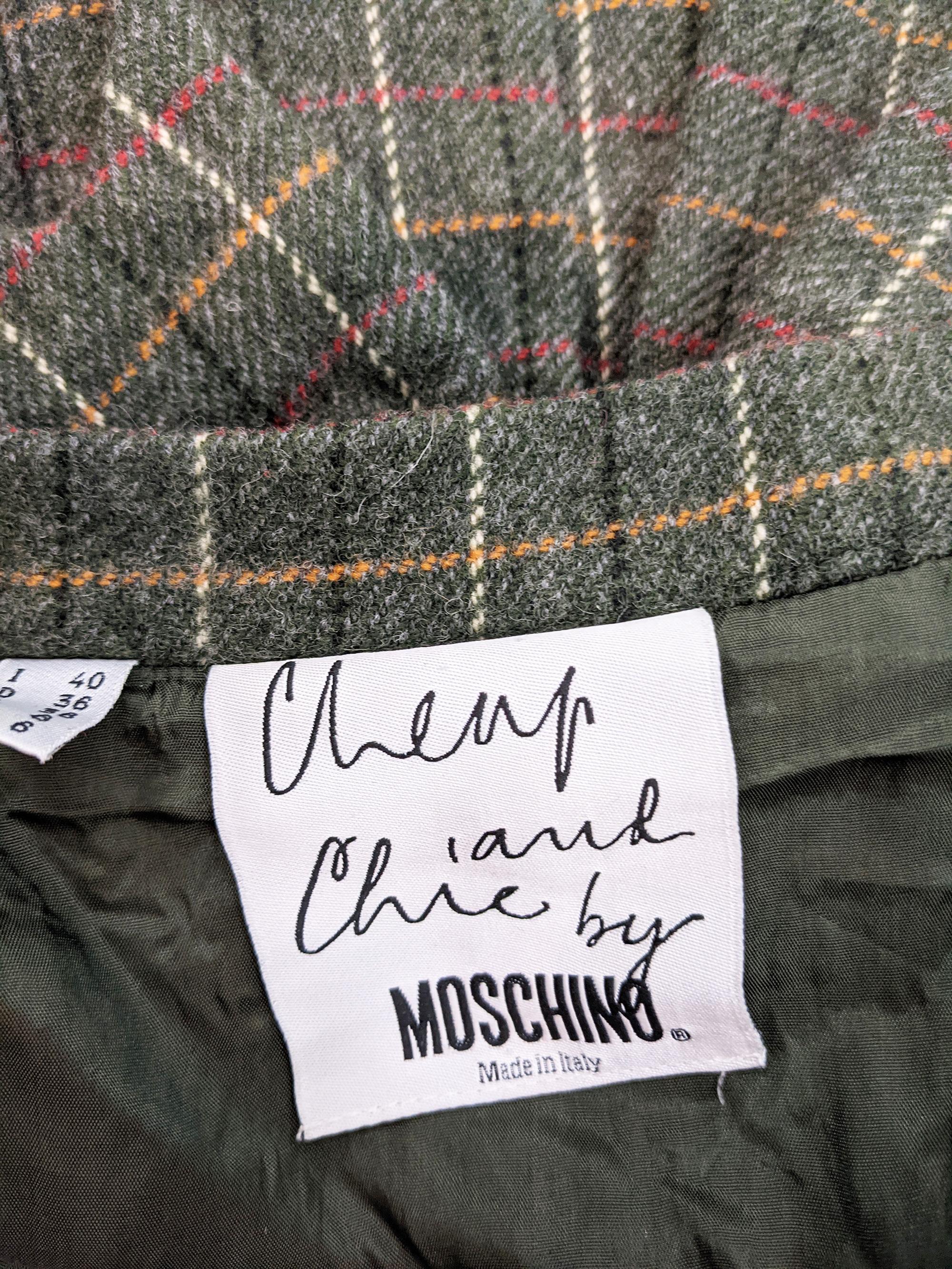 Women's Moschino Vintage Green Wool Plaid Skirt with Pleated Bustle Bow Back