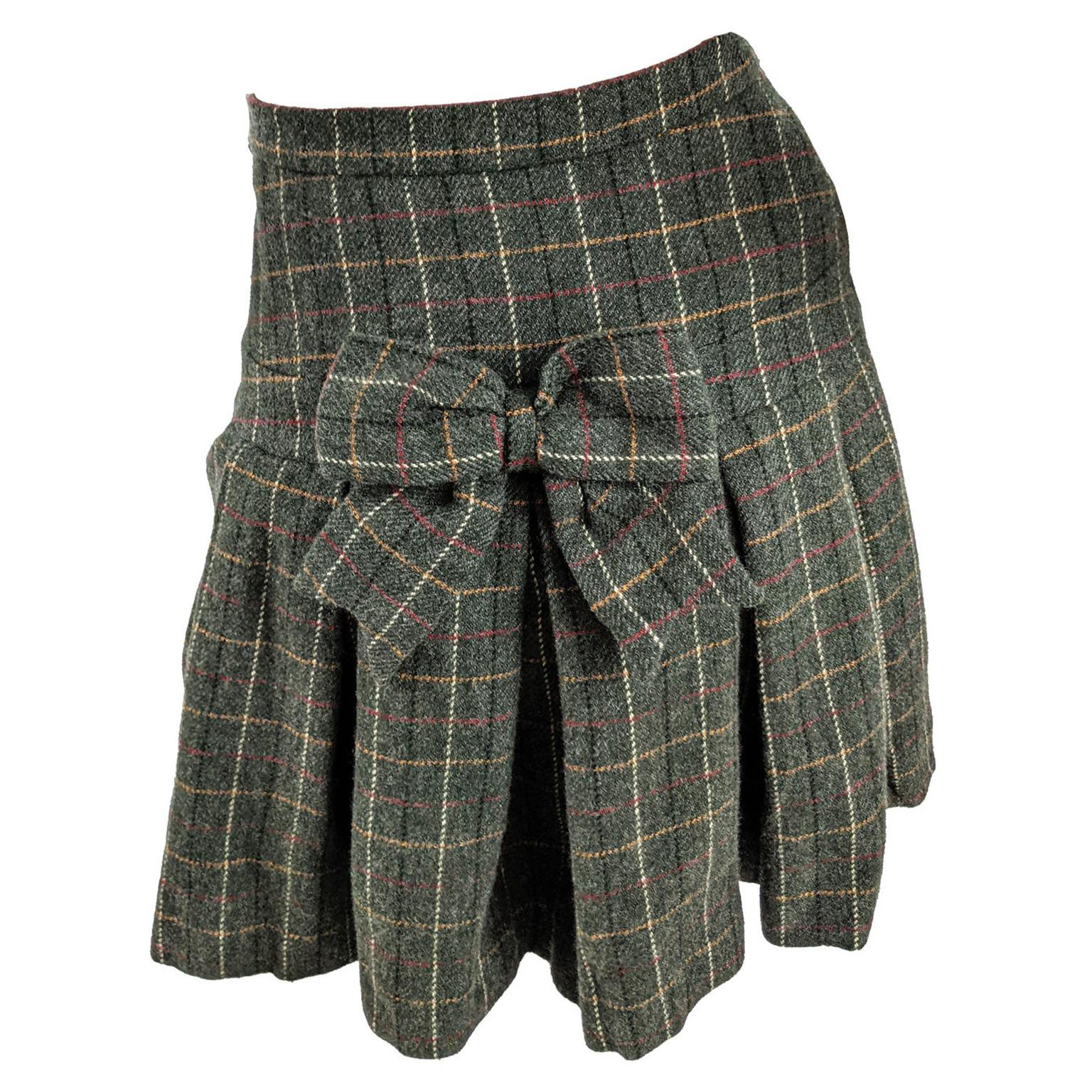 Moschino Vintage Green Wool Plaid Skirt with Pleated Bustle Bow Back