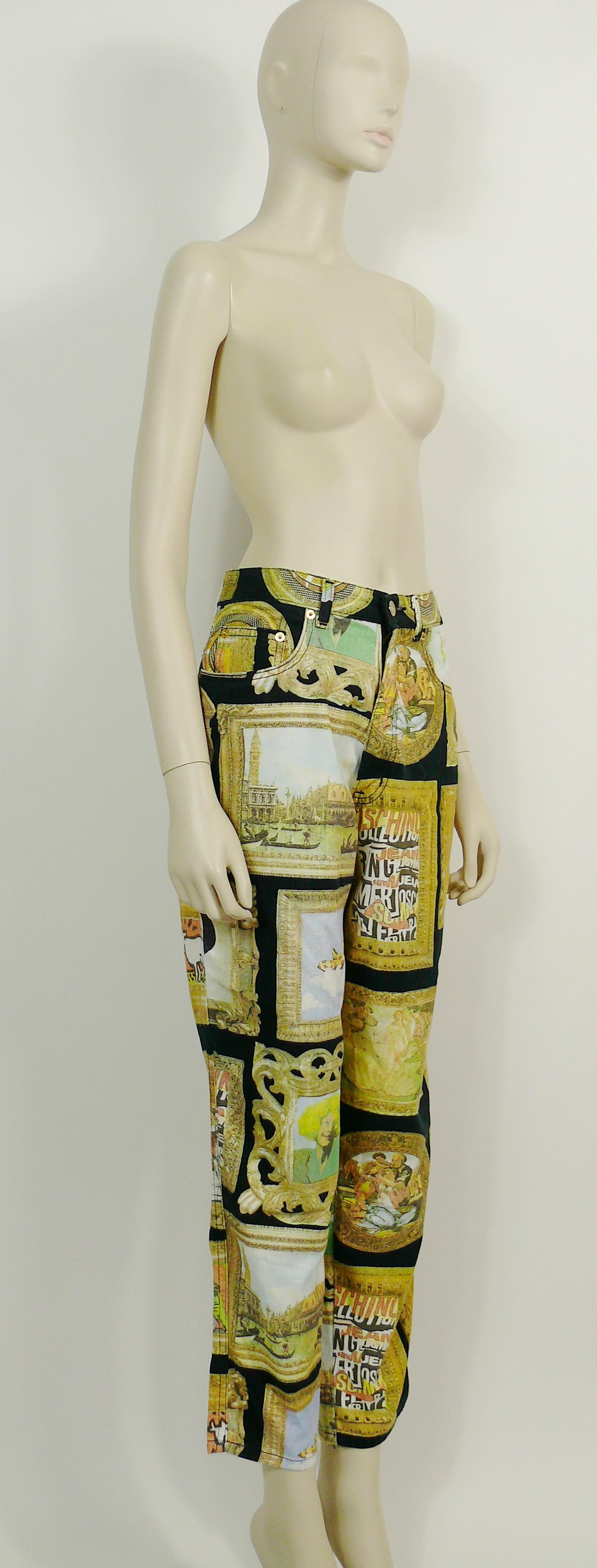 MOSCHINO vintage iconic 1990s trousers featuring an opulent multicolored gold framed art gallery masterpieces. 

These trousers feature :
- Front buttoning and zip.
- Front and back pockets.
- Gold toned peace sign on a back pocket.
- Gold toned