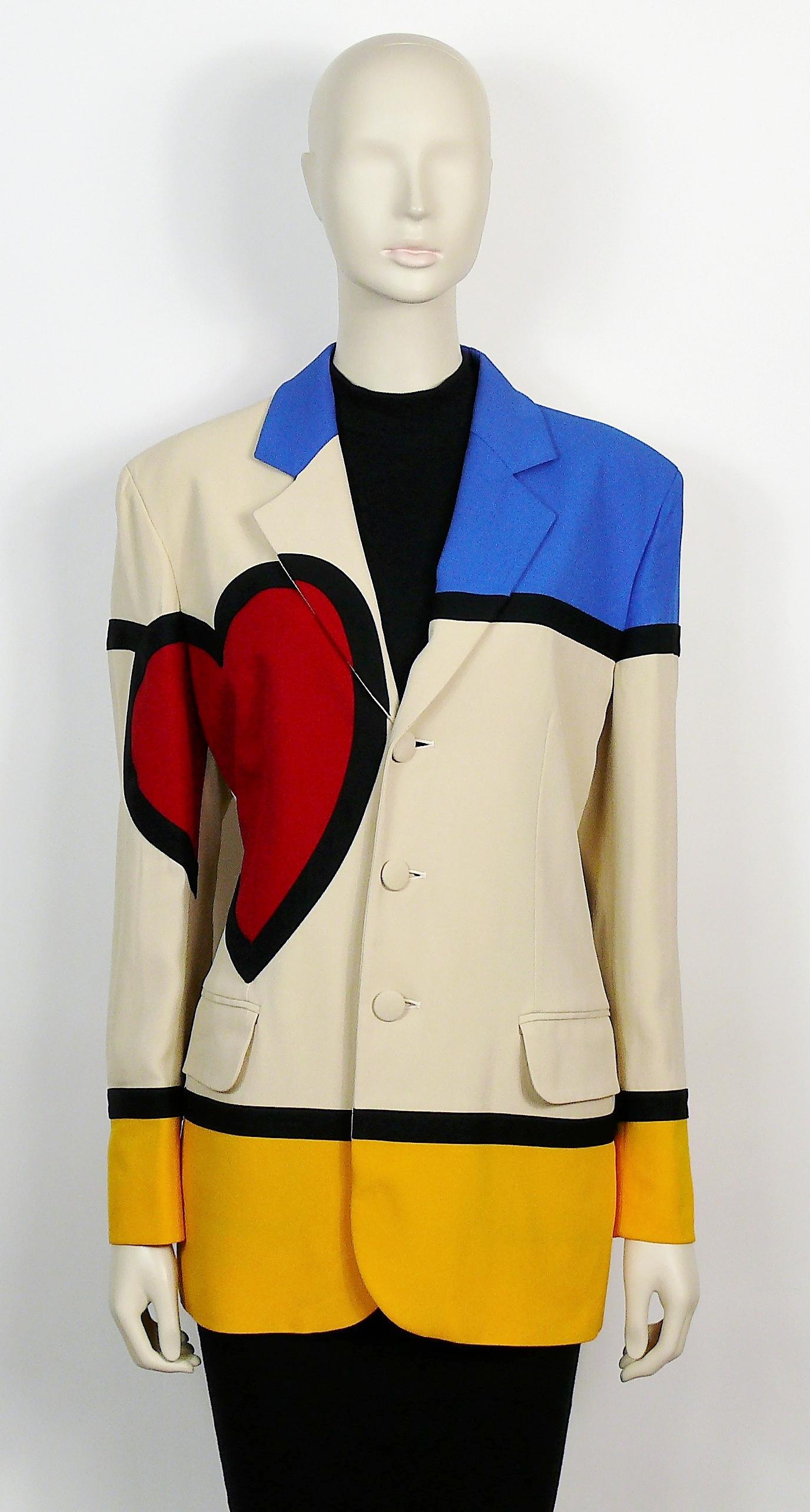 Beige Moschino Vintage Iconic Art is Love Mondrian Heart Blazer Jacket US Size 12