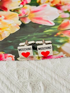 Moschino Vintage Iconic Hallmark Monogram Red Heart Love Square Silver Cufflinks