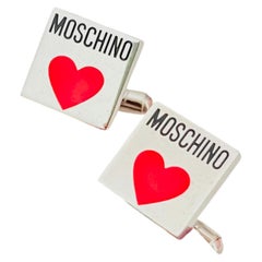 Moschino Vintage Iconic Hallmark Monogram Red Heart Love Square Silver Cufflinks
