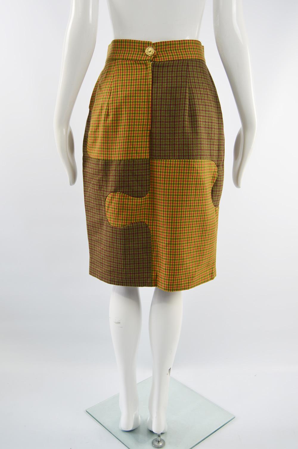 Women's Moschino Vintage Iconic 'Jigsaw' Panelled Wool Womens Knee Length Skirt, 1980s