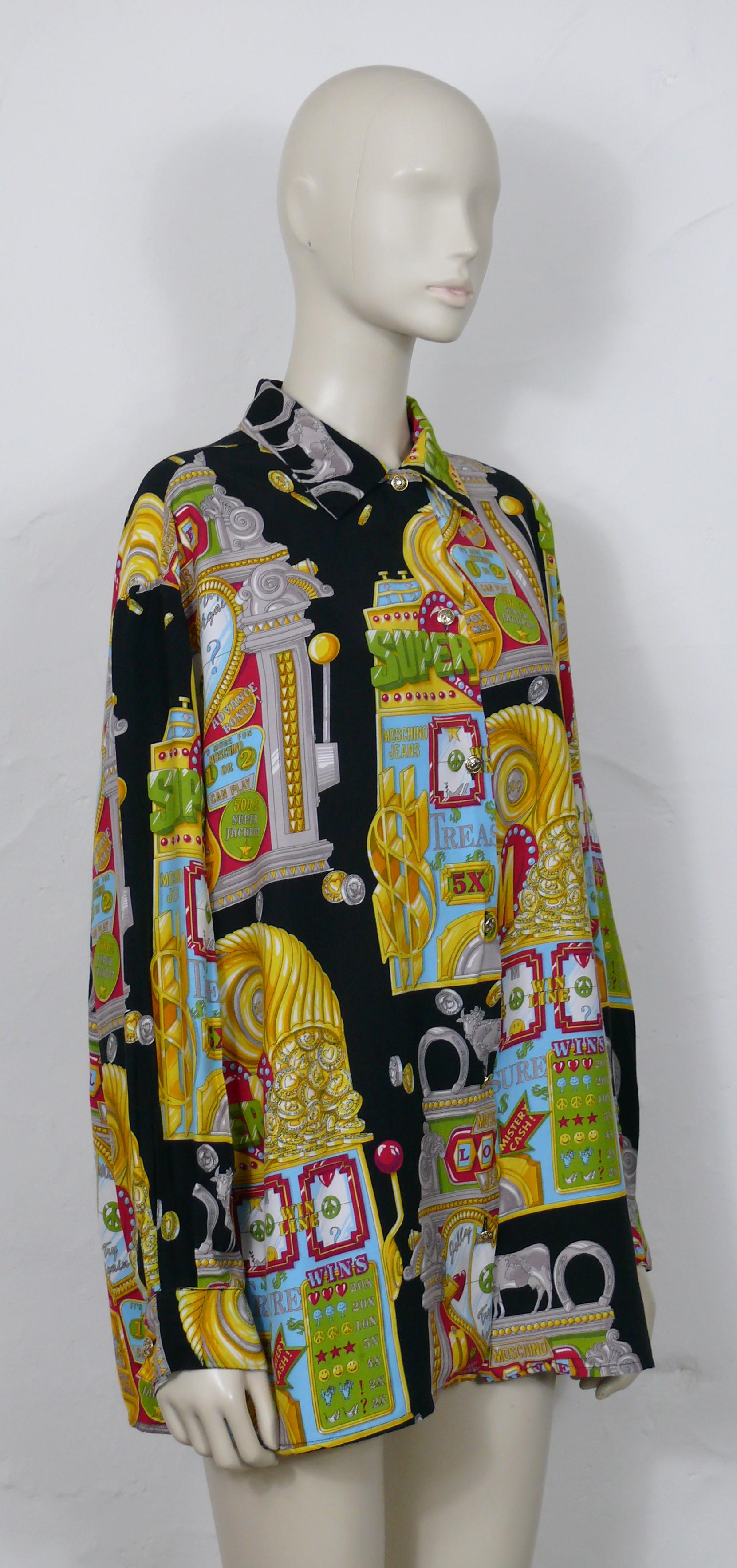 MOSCHINO vintage shirt featuring an opulent multicolor print of a slotter casino game on a black background.

Long sleeves.
Button down closure.
Cuff buttoning.

Label reads MOSCHINO JEANS.
Made in Italy.

Size tag reads : I 48 / USA 14 / F 44 / GB