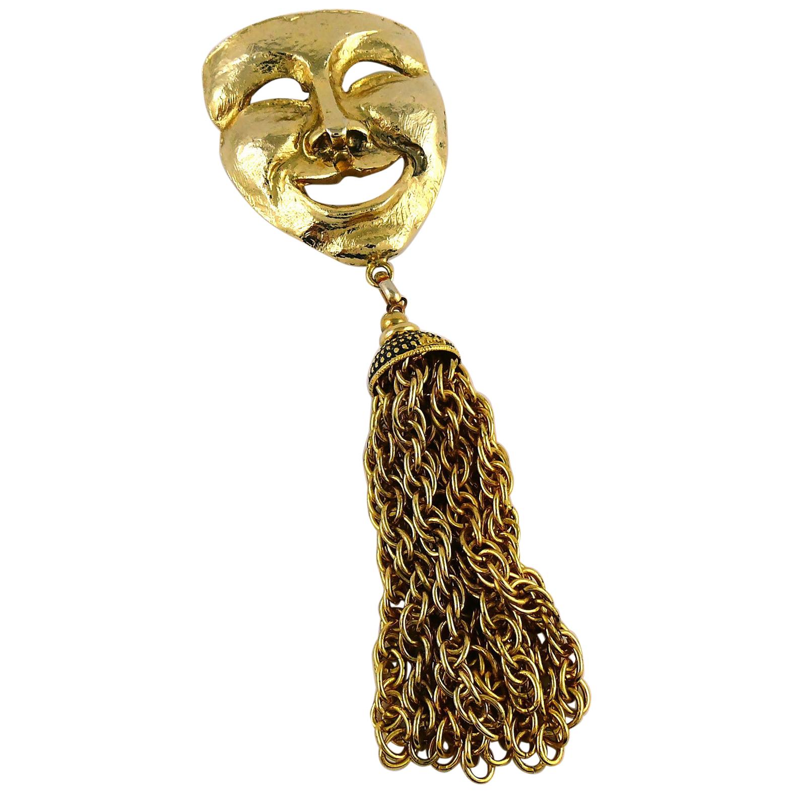 Moschino Vintage Massive Gold Toned Comedy Mask Brooch For Sale