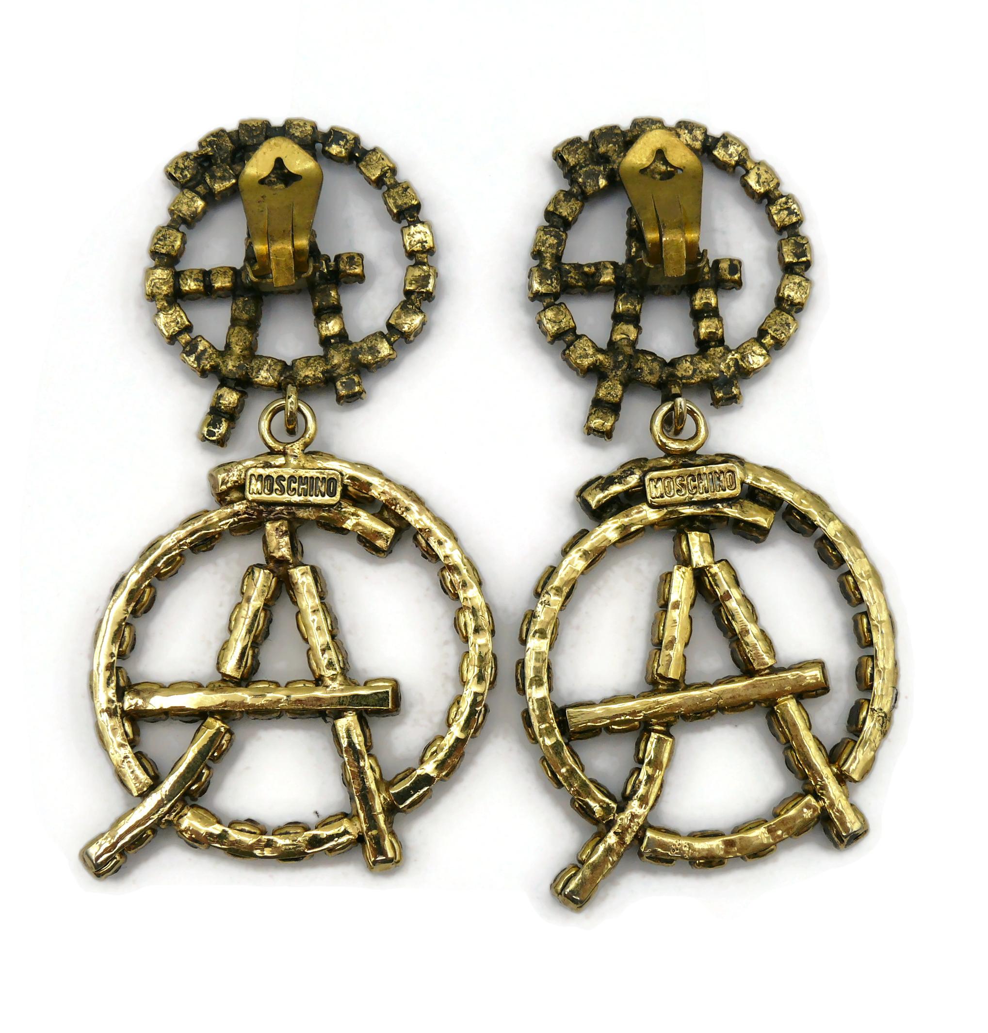 MOSCHINO Vintage Massive Jewelled Anarchy Symbol Dangling Earrings For Sale 2