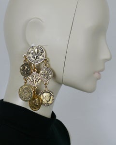 MOSCHINO Vintage Massive Jewelled Coin Charm Dangling Earrings