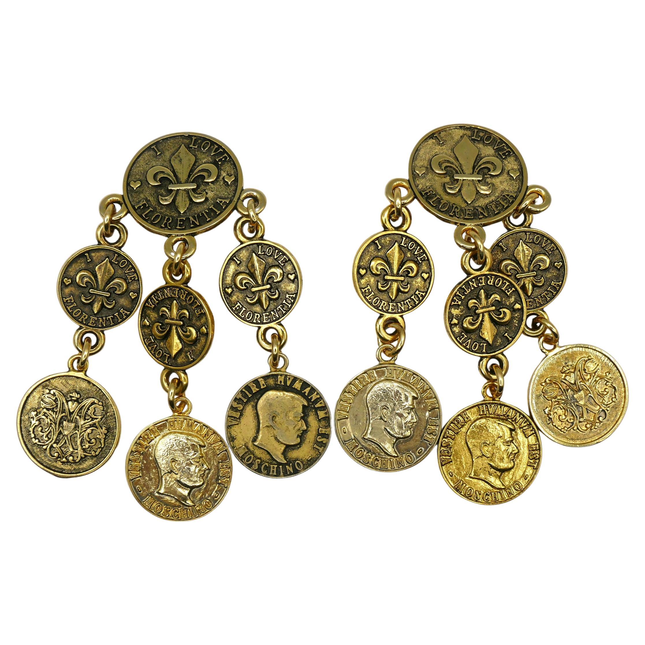 MOSCHINO Vintage Massive Jewelled Coin Charm Dangling Earrings For Sale
