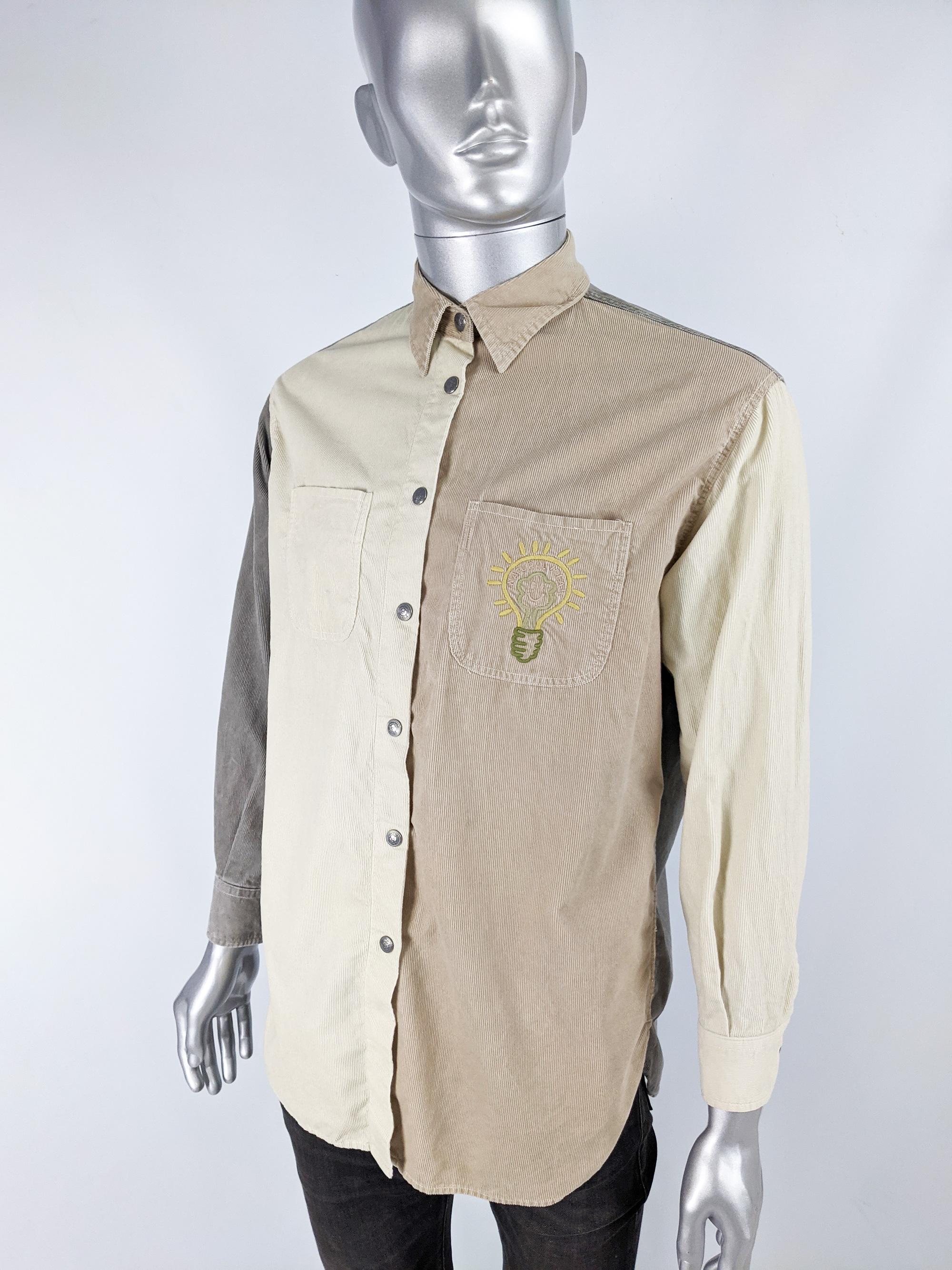 Beige Moschino Vintage Mens Embroidered Cord Shirt