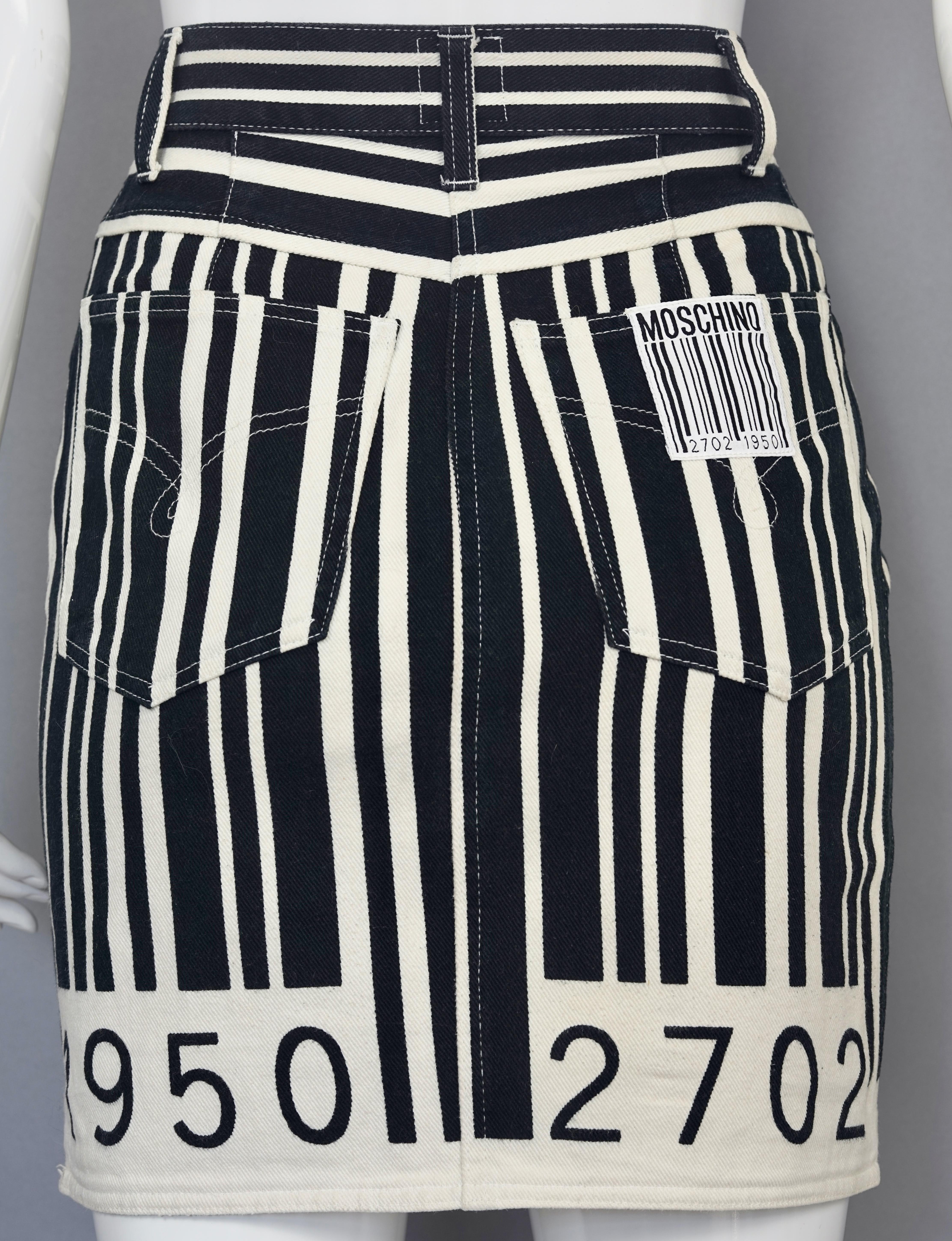 MOSCHINO Vintage MOSCHINO Barcode Novelty Skirt Skirt

Measurements taken laid flat:
Waist: 12.20 inches (31 cm)
Hips: 17.71 inches (45 cm)
Length: 17.71 inches (45 cm)

Features:
- 100% Authentic MOSCHINO JEANS.
- Barcode print skirt in black and