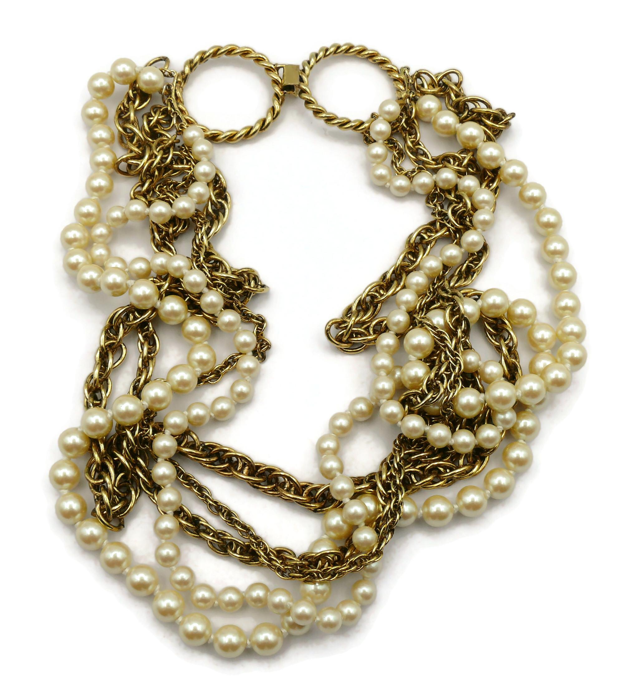 MOSCHINO Vintage Multi-Strand Gold Tone Chain & Pearl Necklace For Sale 4