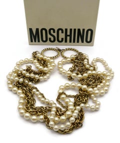 MOSCHINO Vintage Multi-Strand Gold Tone Chain & Pearl Necklace