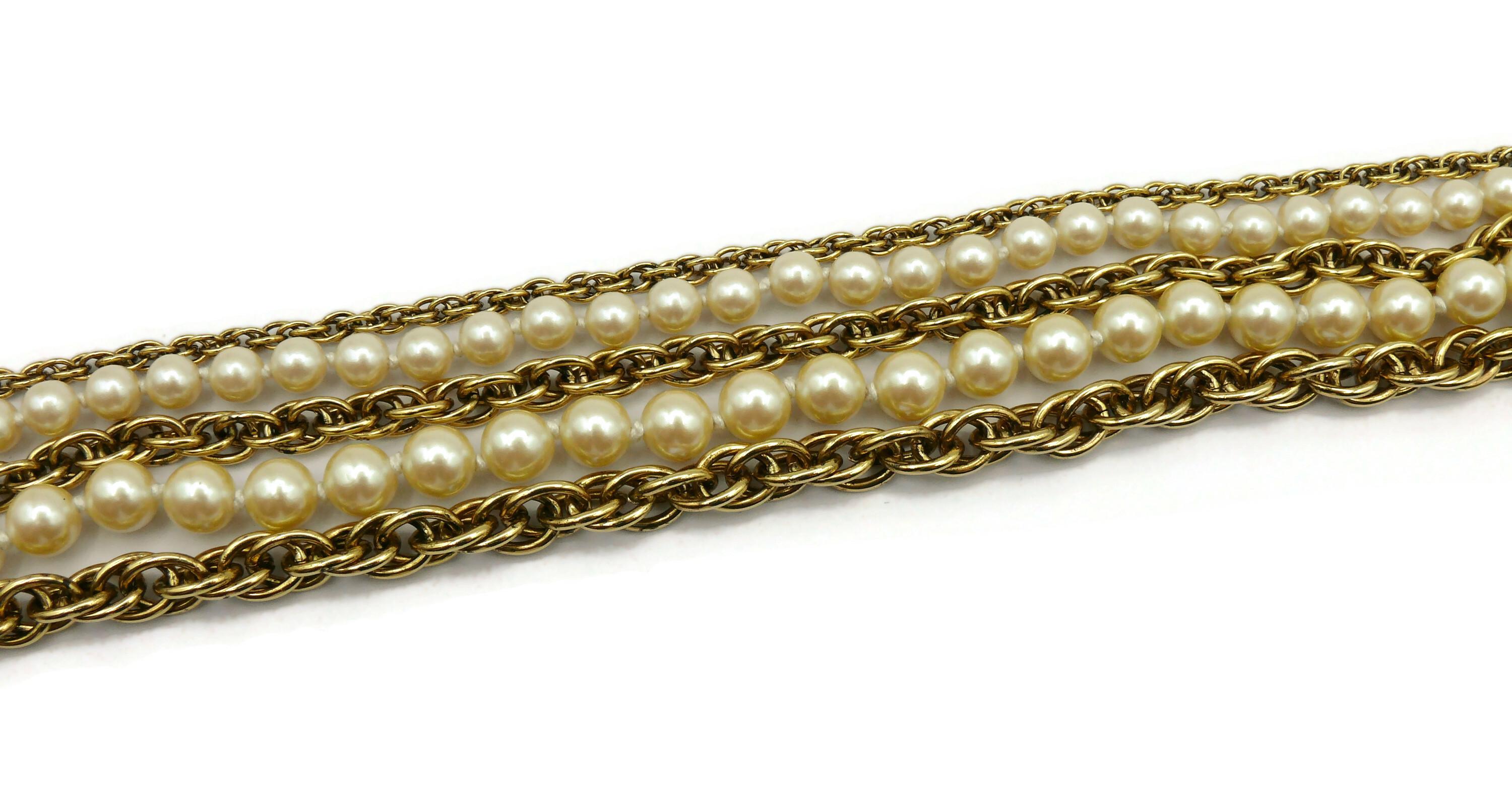 MOSCHINO Vintage Multi-Strand Gold Tone Chain & Pearl Necklace For Sale 3