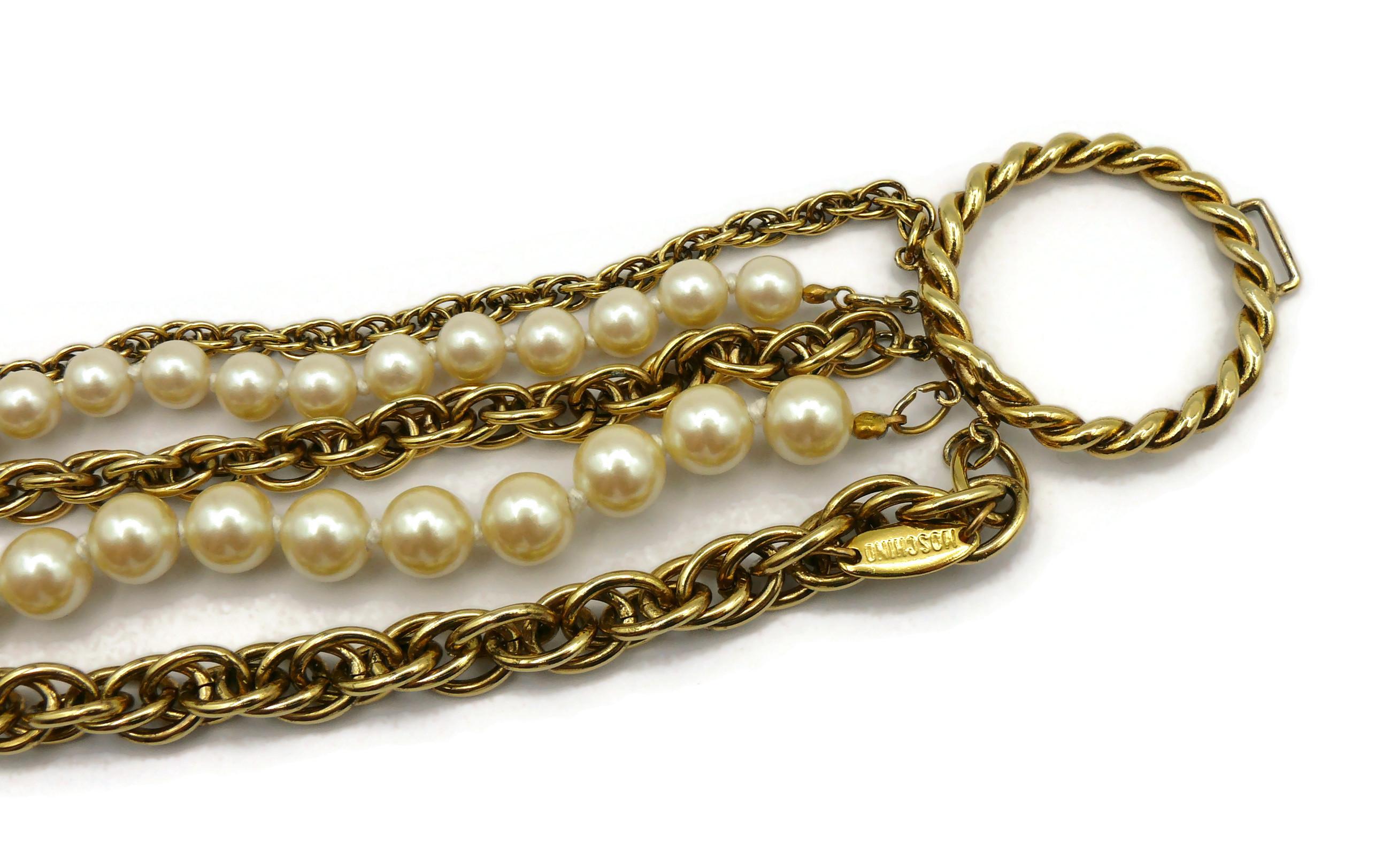 MOSCHINO Vintage Multi-Strand Gold Tone Chain & Pearl Necklace For Sale 2