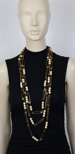 MOSCHINO Vintage Multi-Strand Gold Tone Safety Pin & Pearl Necklace