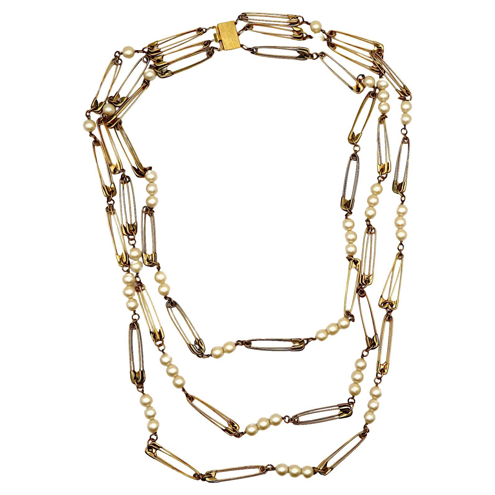 MOSCHINO Vintage Multi-Strand Gold Tone Safety Pin & Pearl Necklace