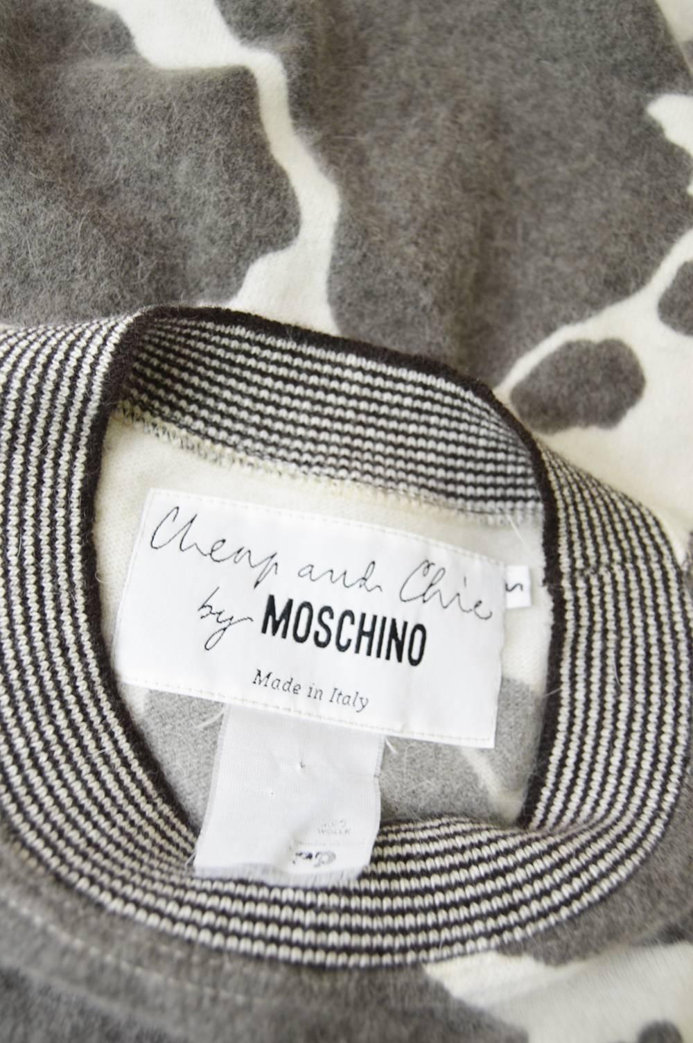 Gray Moschino Vintage 'Muu..schino' Cow Print Fuzzy Knit White Sweater Dress, 1980s