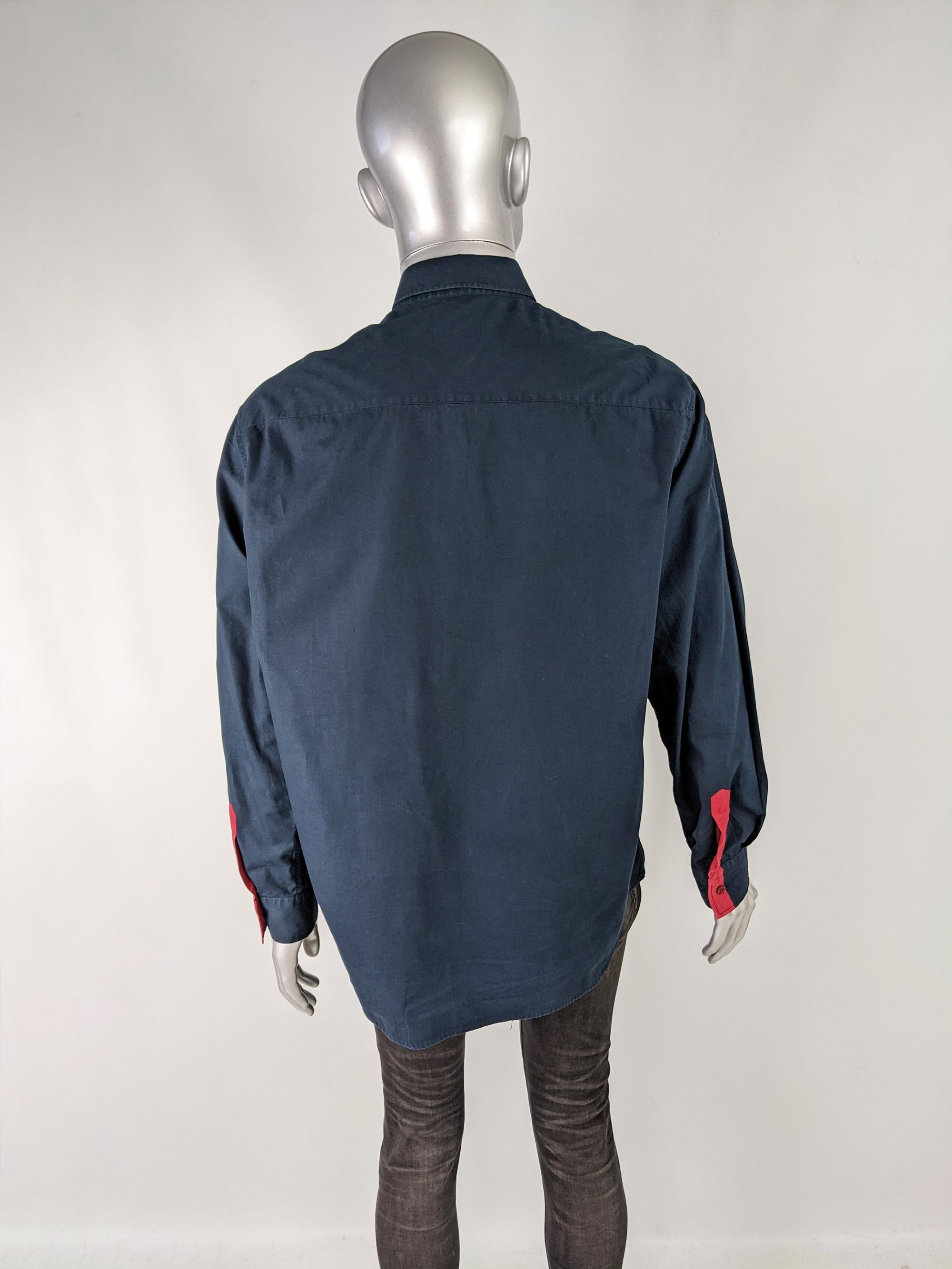 Men's Moschino Vintage Navy Blue & Red Shirt 1990s Long Sleeve Shirt Buttoned Shirt For Sale