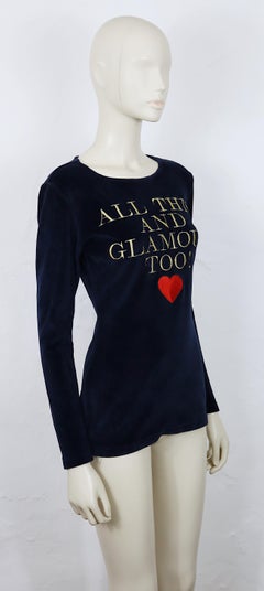 MOSCHINO Vintage Navy Blue Velvet 'All This and Glamour Too' Slogan Top Size M