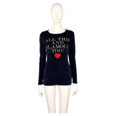 MOSCHINO Vintage Navy Blue Velvet 'All This and Glamour Too' Slogan Top Size M