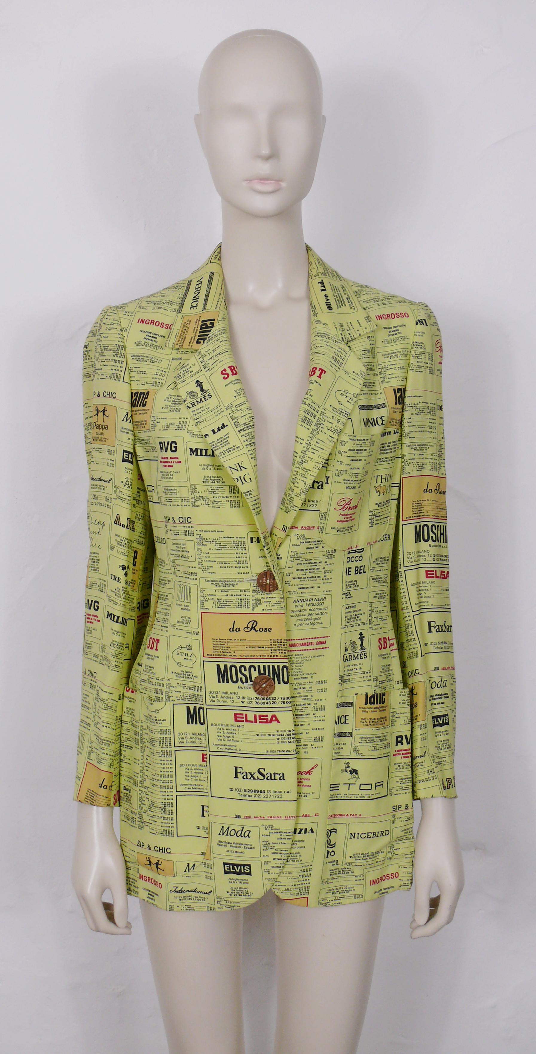Moschino Vintage Printed Yellow Pages Jacket Museum Piece US Size 6 In Fair Condition For Sale In Nice, FR