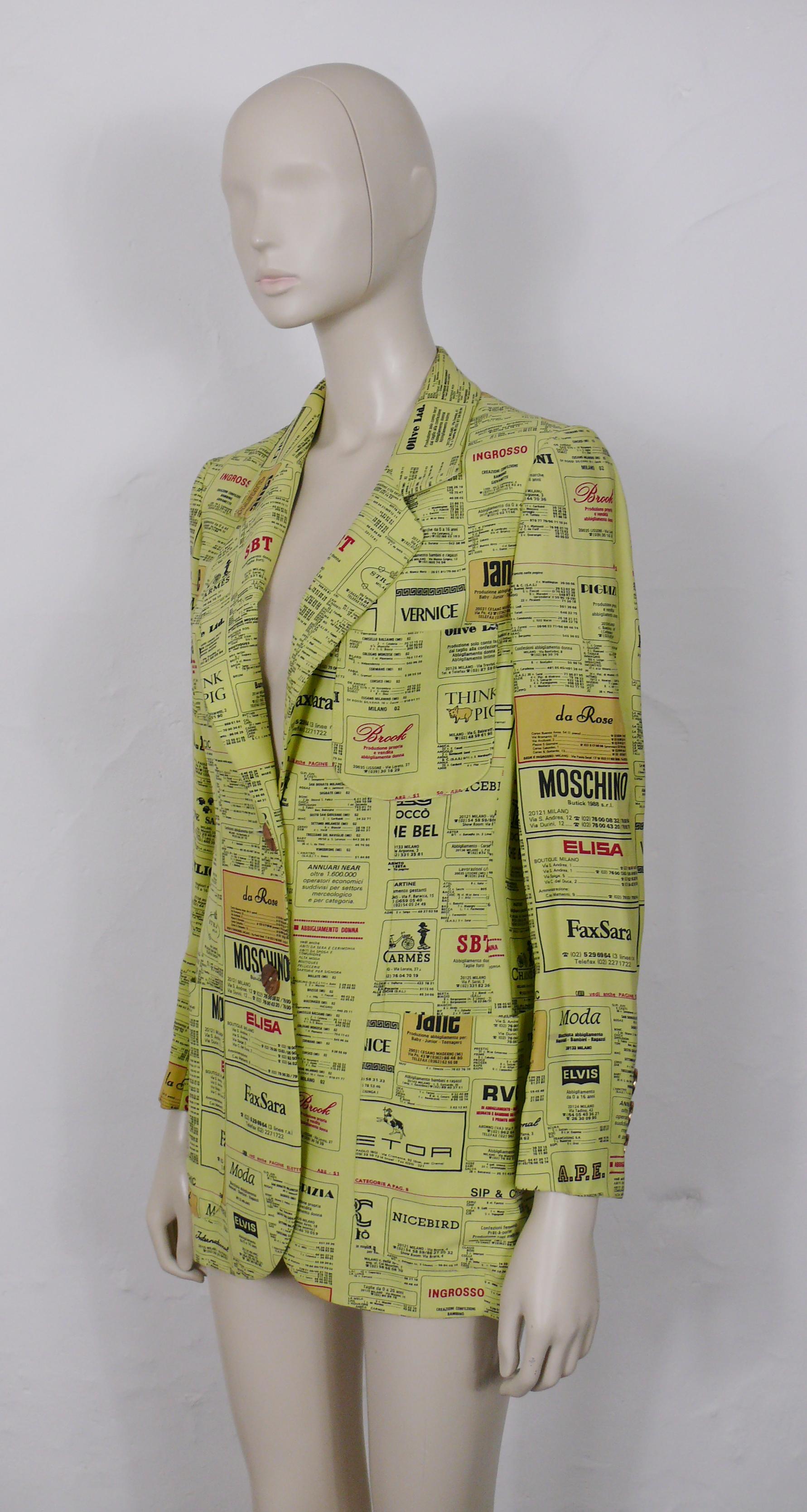 Moschino Vintage Printed Yellow Pages Jacket Museum Piece US Size 6 For Sale 1