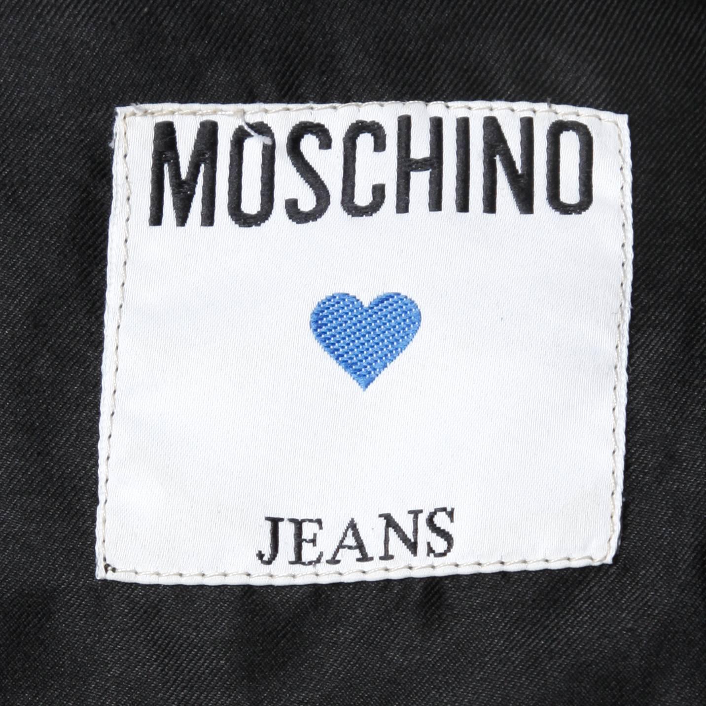 Moschino Vintage Quilted Denim Biker Jacket with Bottle Cap Appliques In Excellent Condition For Sale In Sparks, NV