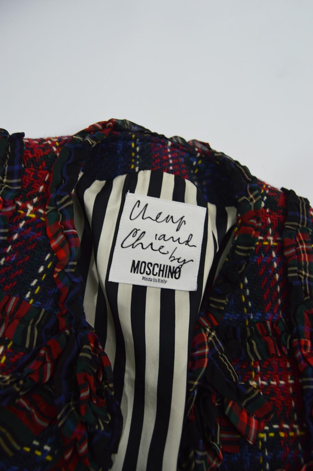 Moschino Vintage Ruffled Tartan Wool Plaid Check Womens Blazer Jacket, A/W 1993 For Sale 2