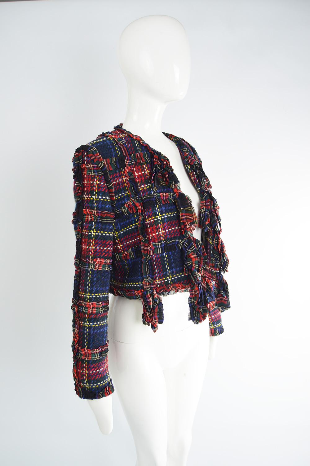 Black Moschino Vintage Ruffled Tartan Wool Plaid Check Womens Blazer Jacket, A/W 1993 For Sale
