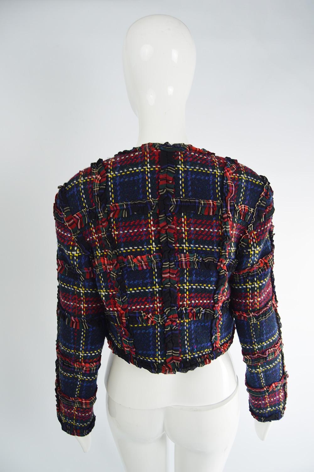 Women's Moschino Vintage Ruffled Tartan Wool Plaid Check Womens Blazer Jacket, A/W 1993 For Sale