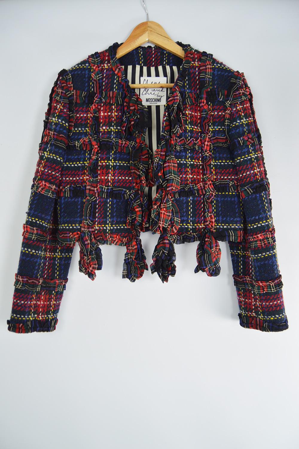Moschino Vintage Ruffled Tartan Wool Plaid Check Womens Blazer Jacket, A/W 1993 For Sale 1