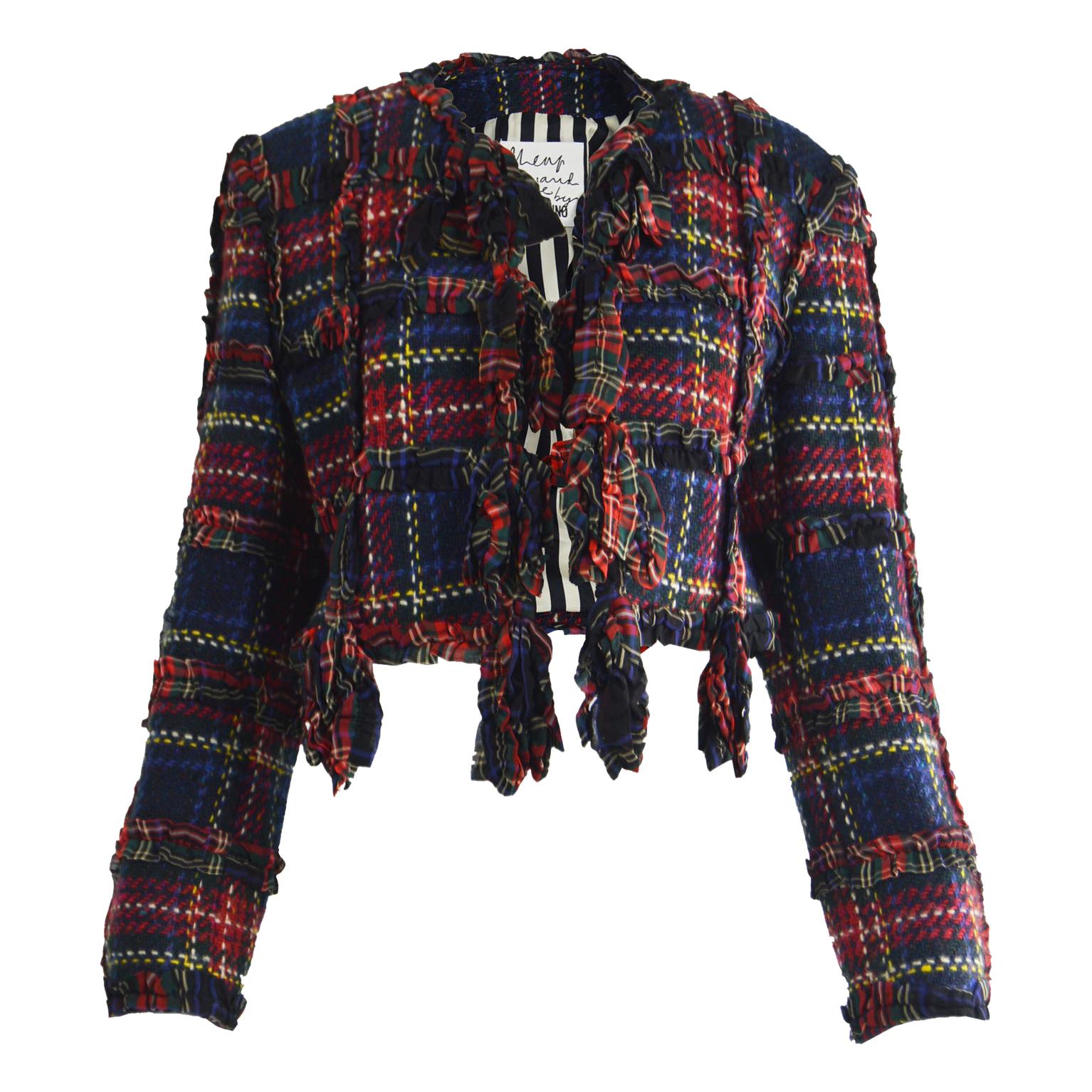 Moschino Vintage Ruffled Tartan Wool Plaid Check Womens Blazer Jacket, A/W 1993 For Sale