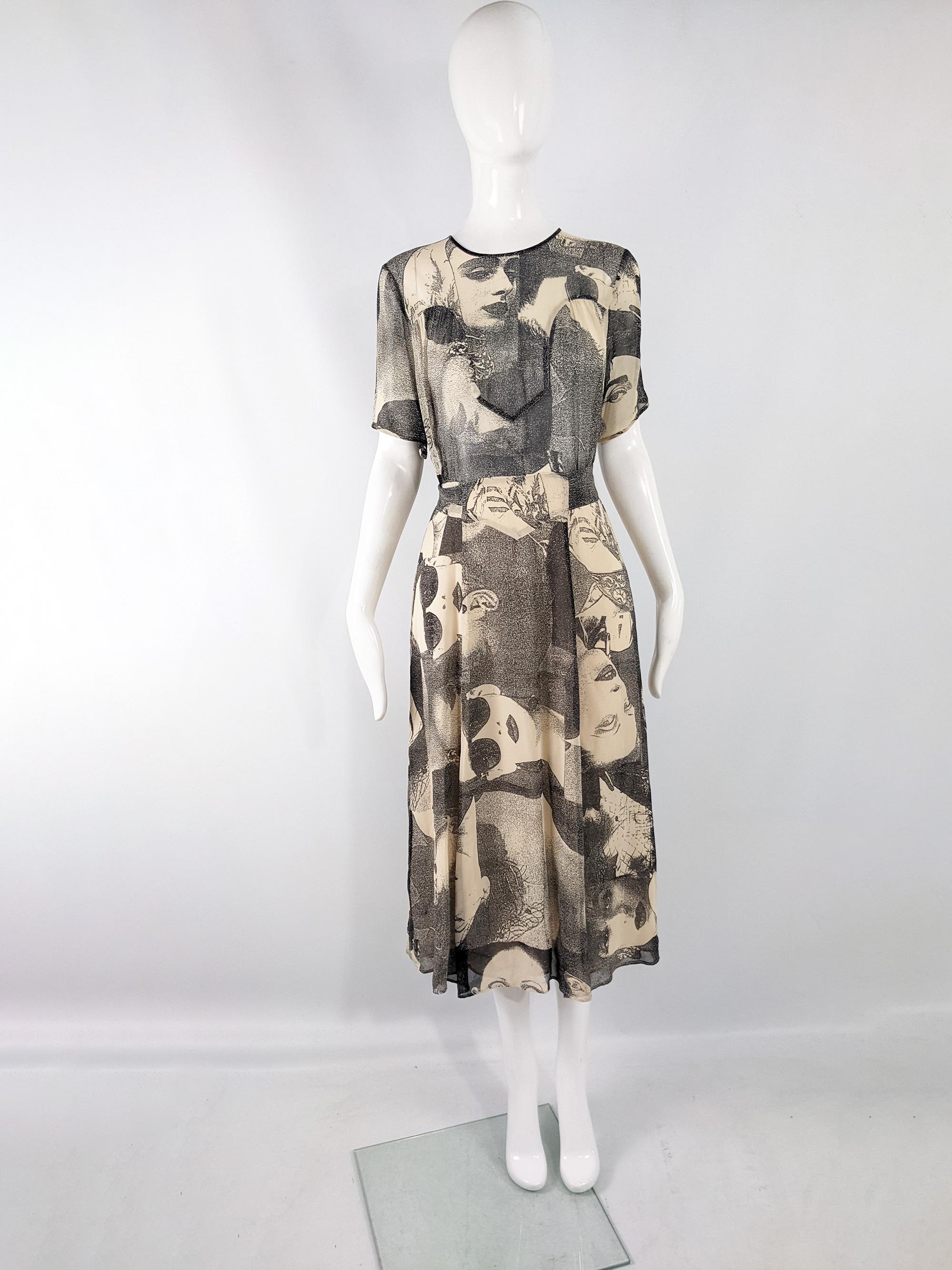 An excellent and rare vintage dress from the 90s by luxury Italian fashion house, Moschino. In a cream and grey georgette fabric that is sheer on the bodice and has amazing art deco style faces of glamorous women printed throughout. It has a classic