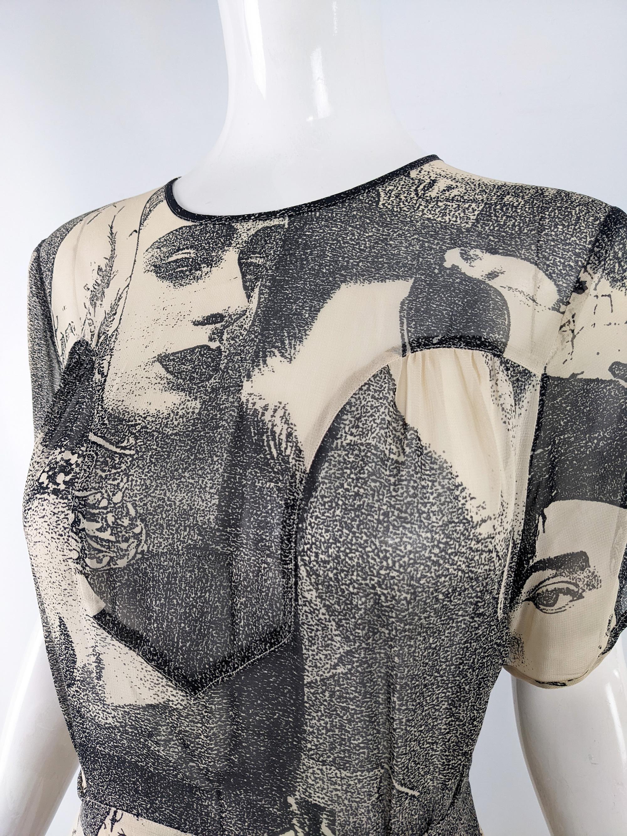 Gray Moschino Vintage Semi Sheer Art Deco Face Print Short Sleeve Dress, 1990s