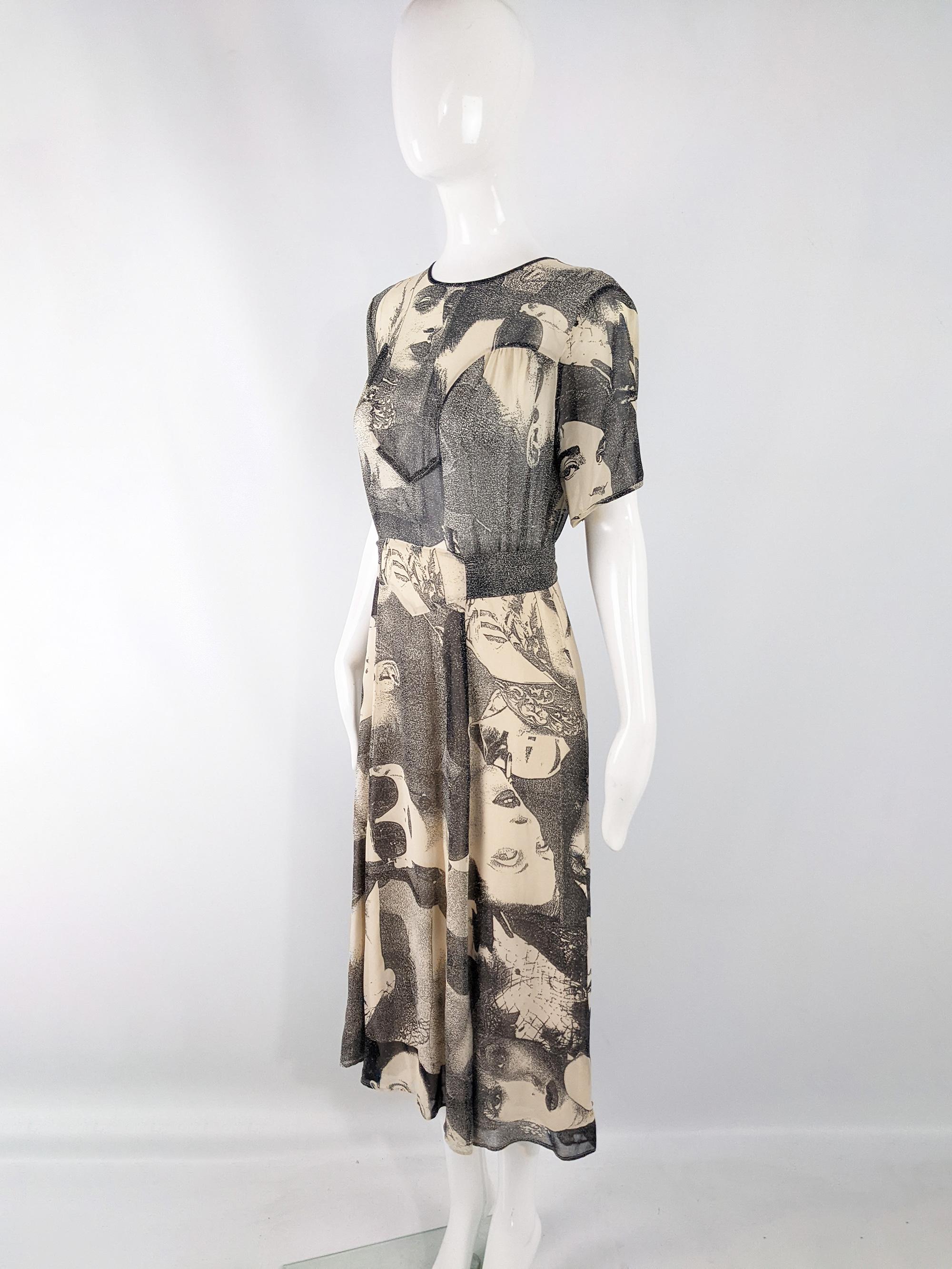 Moschino Vintage Semi Sheer Art Deco Face Print Short Sleeve Dress, 1990s In Excellent Condition In Doncaster, South Yorkshire