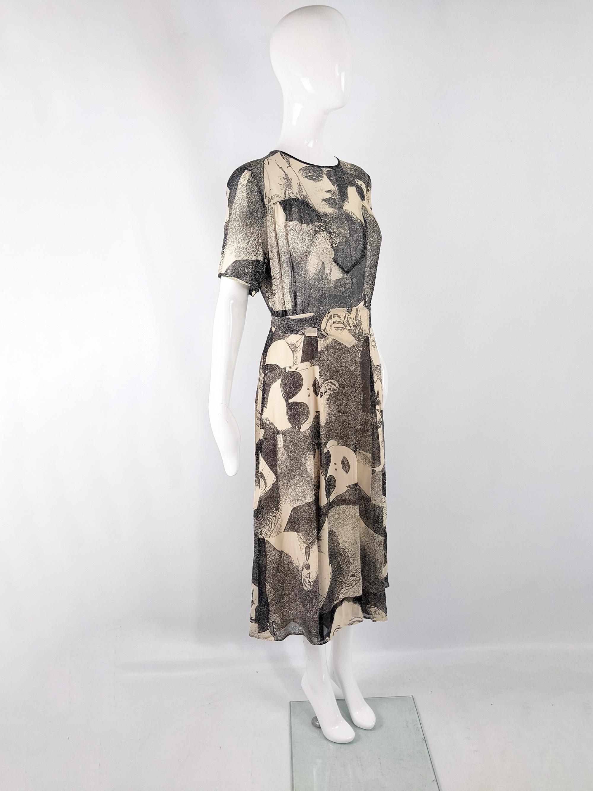 Moschino Vintage Semi Sheer Art Deco Face Print Short Sleeve Dress, 1990s 1
