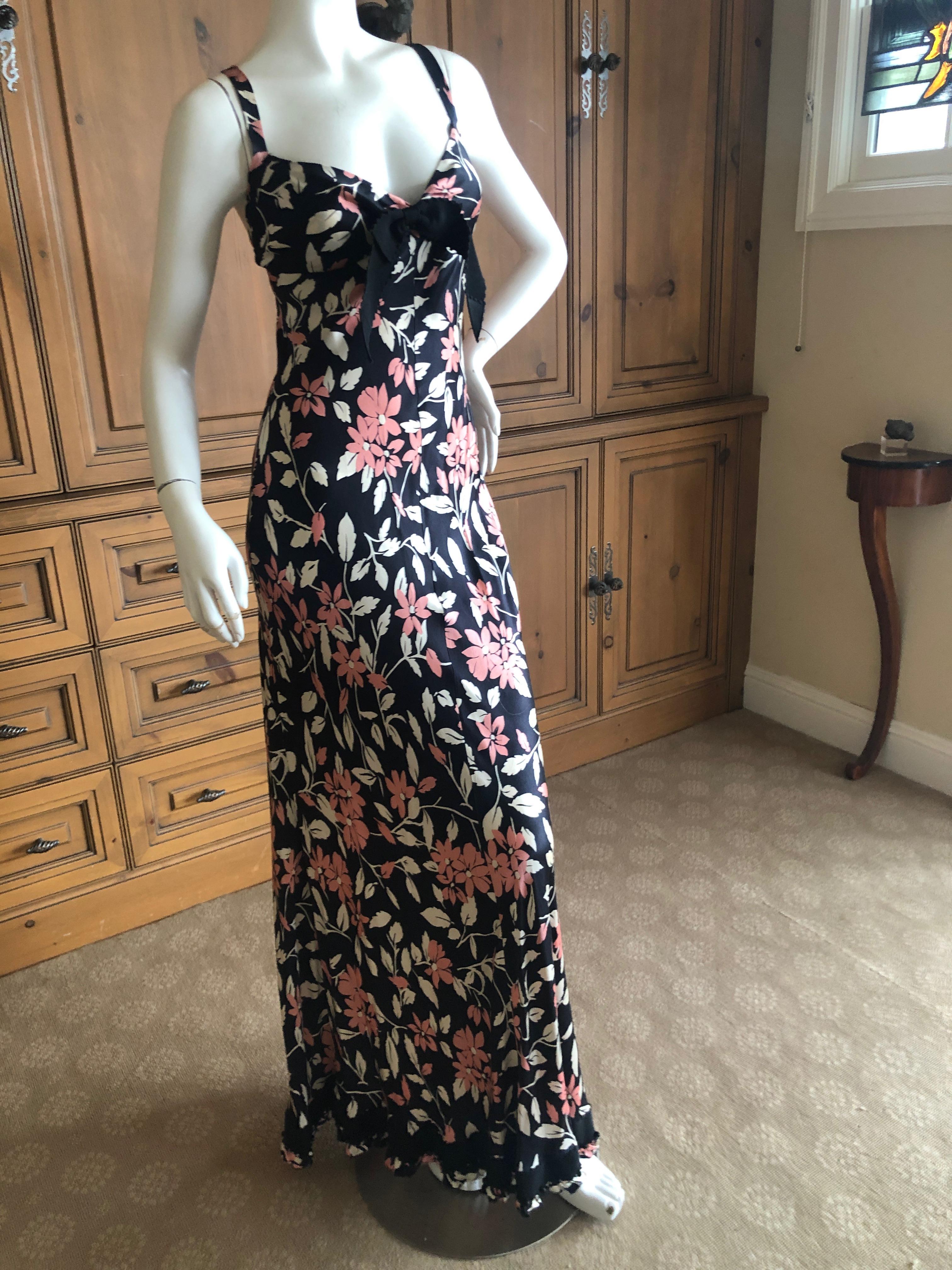 Moschino Vintage Silk Floral Maxi Dress with Jet Beaded Grosgrain Ribbon Trim  In Excellent Condition For Sale In Cloverdale, CA