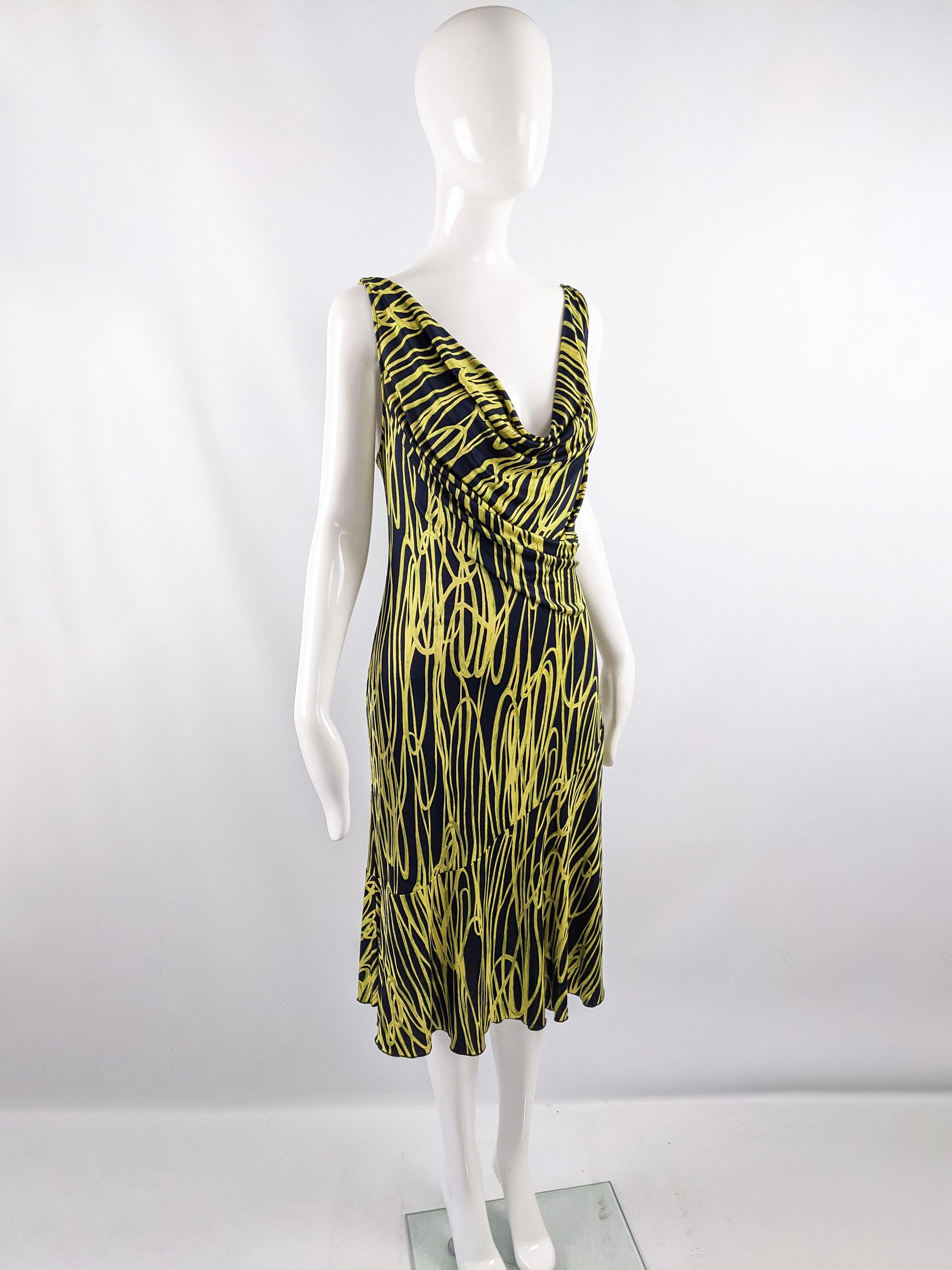 Black Moschino Vintage Silk Jersey Blue & Yellow Squiggle Print Cowl Neck Dress, 2000s For Sale