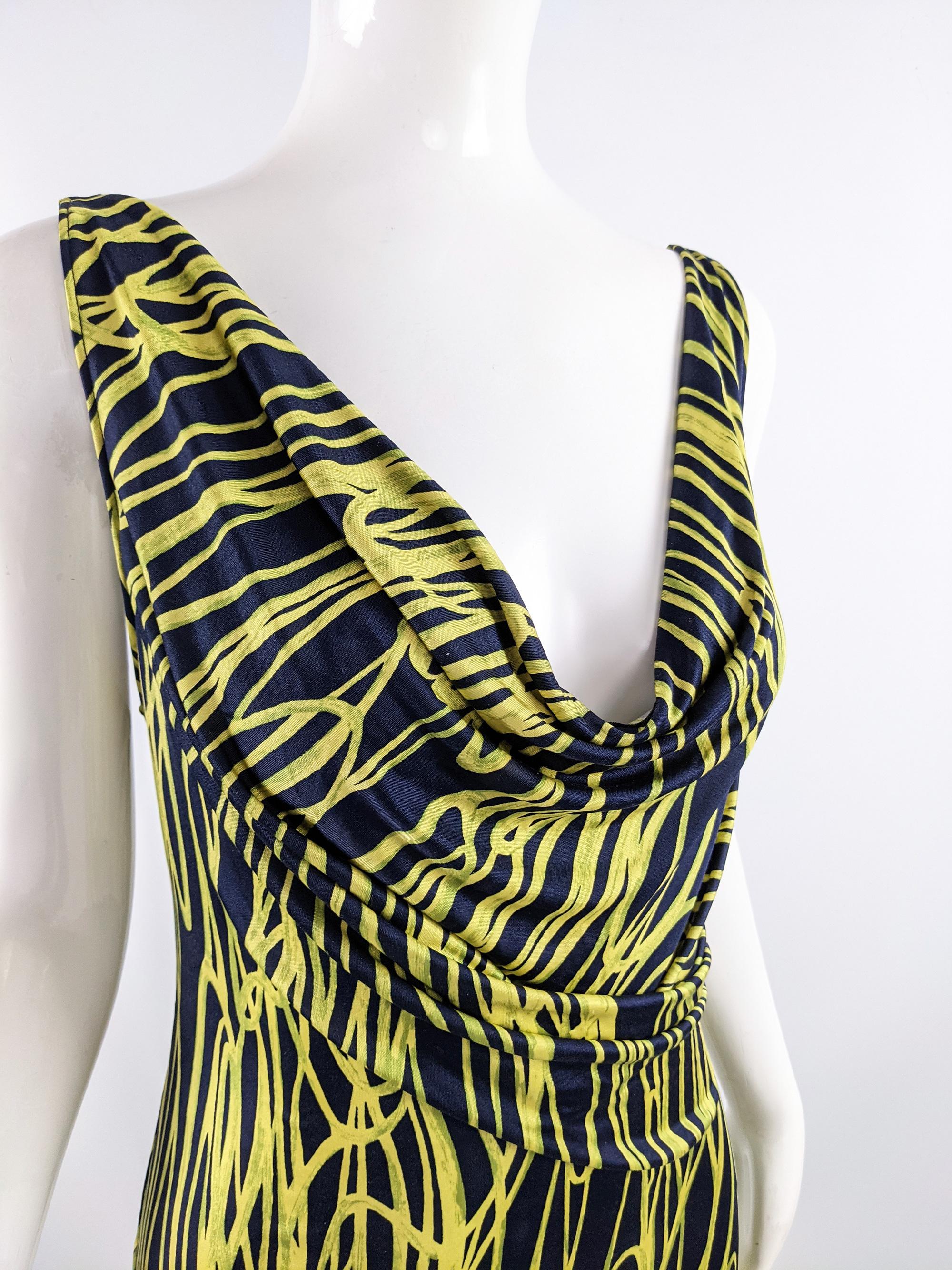 Moschino Vintage Silk Jersey Blue & Yellow Squiggle Print Cowl Neck Dress, 2000s In Excellent Condition For Sale In Doncaster, South Yorkshire