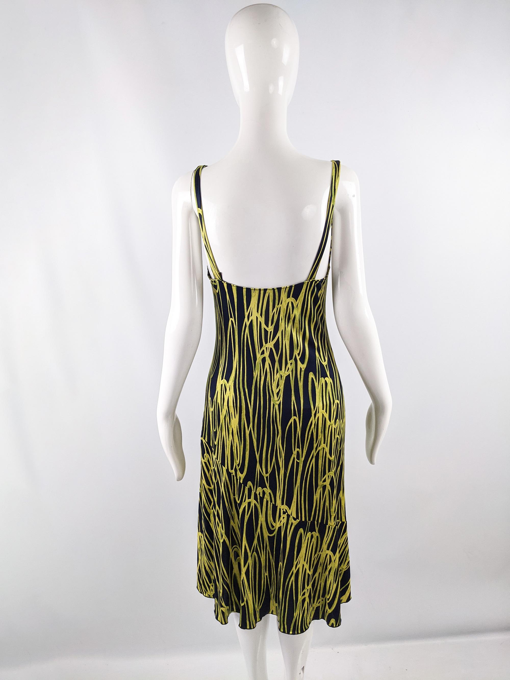 Women's Moschino Vintage Silk Jersey Blue & Yellow Squiggle Print Cowl Neck Dress, 2000s For Sale
