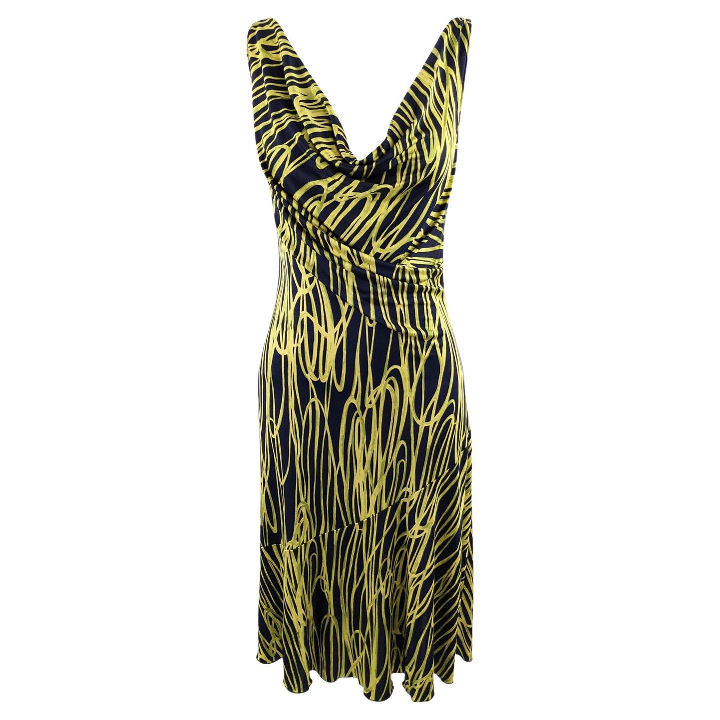 Moschino Vintage Silk Jersey Blue & Yellow Squiggle Print Cowl Neck Dress, 2000s For Sale